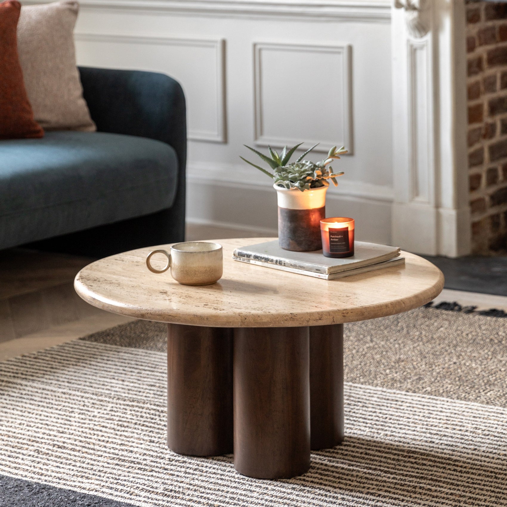 Marmo Dark Brown Mango Wood & Travertine Round Coffee Table