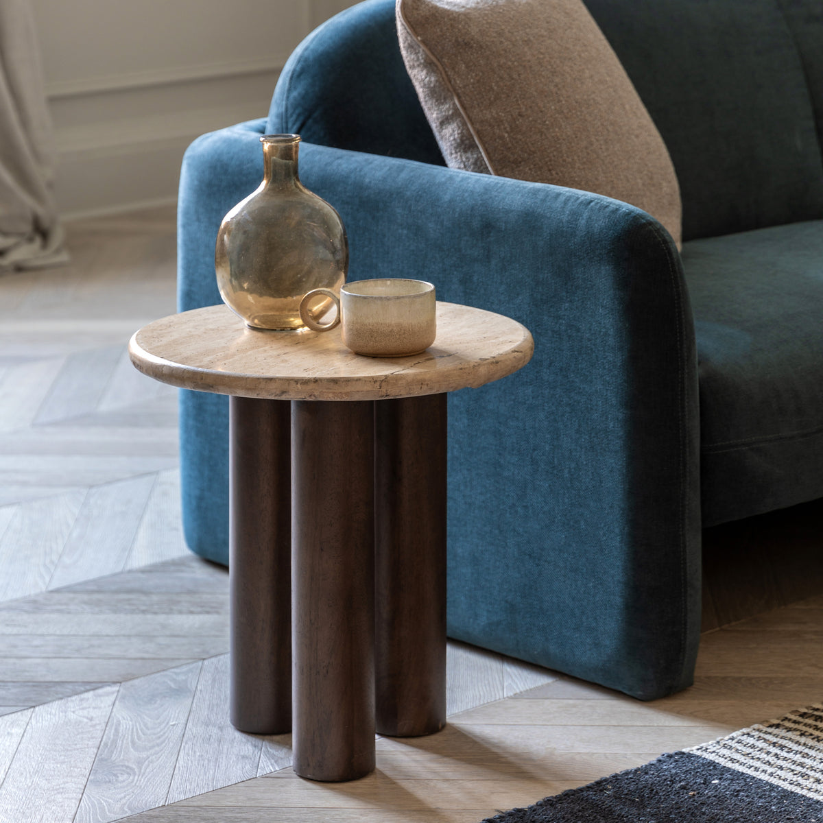 Marmo Dark Brown Mango Wood & Travertine Side Table