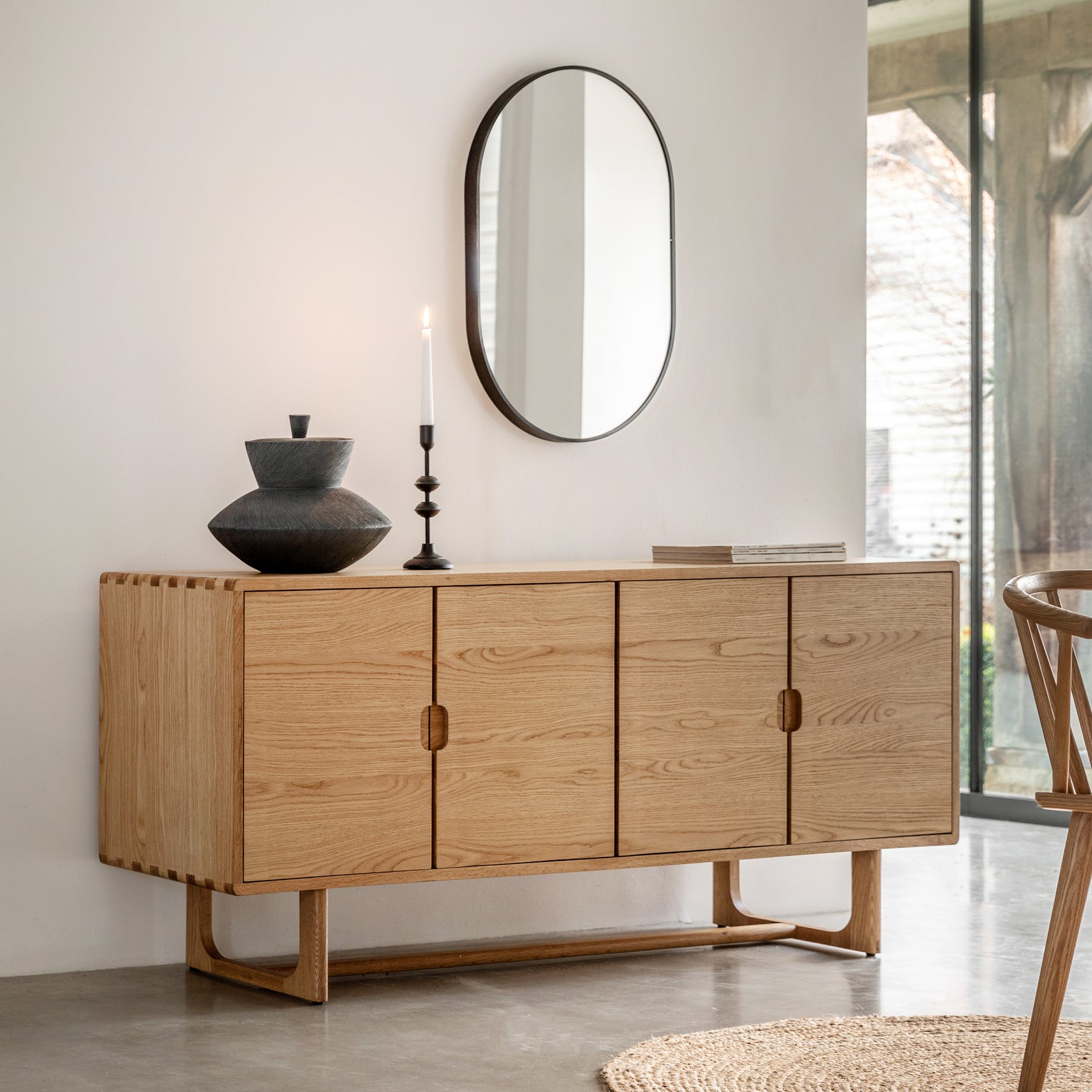 Novu Carved Natural Oak Wood Sideboard