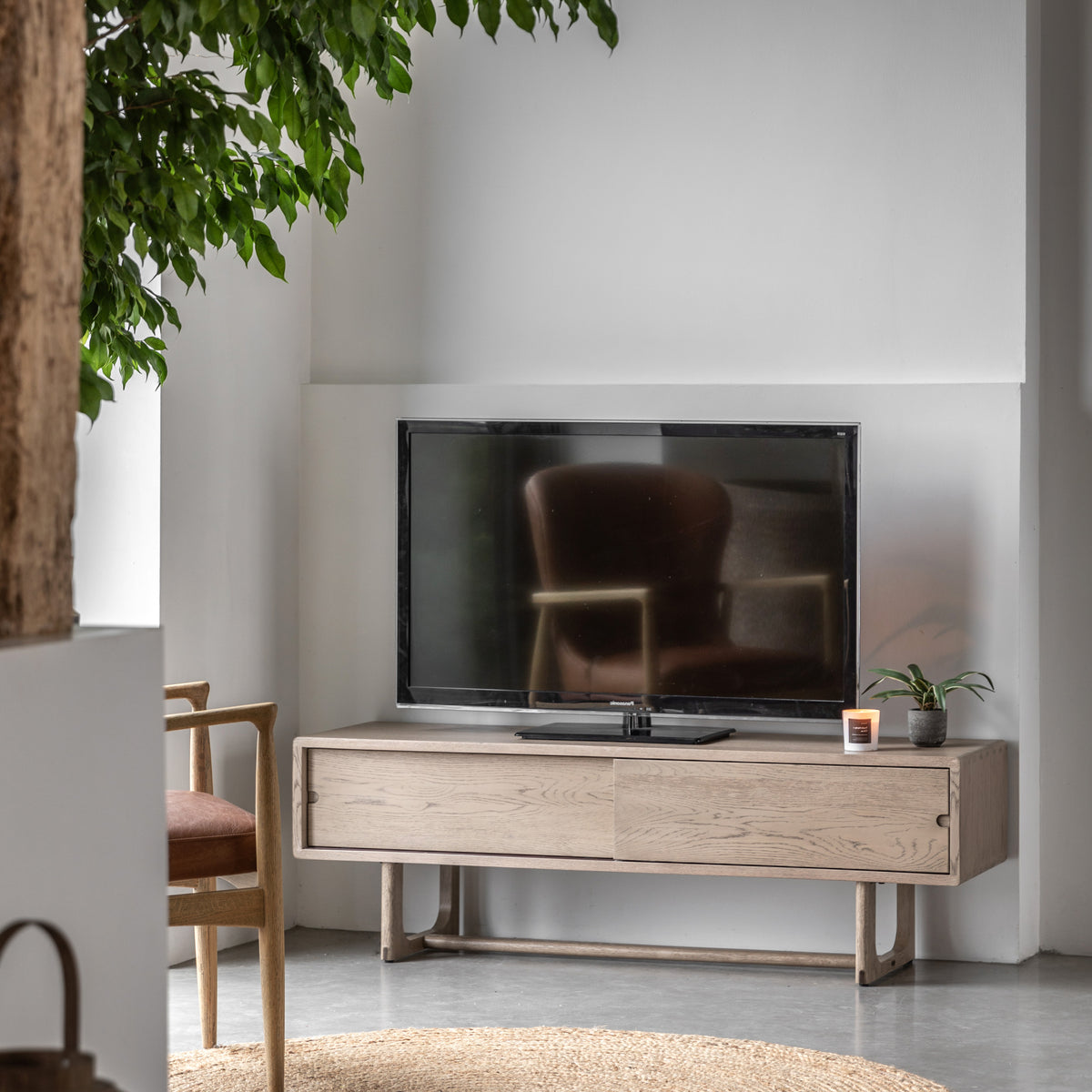 Novu Carved Smoked Oak Wood TV Unit