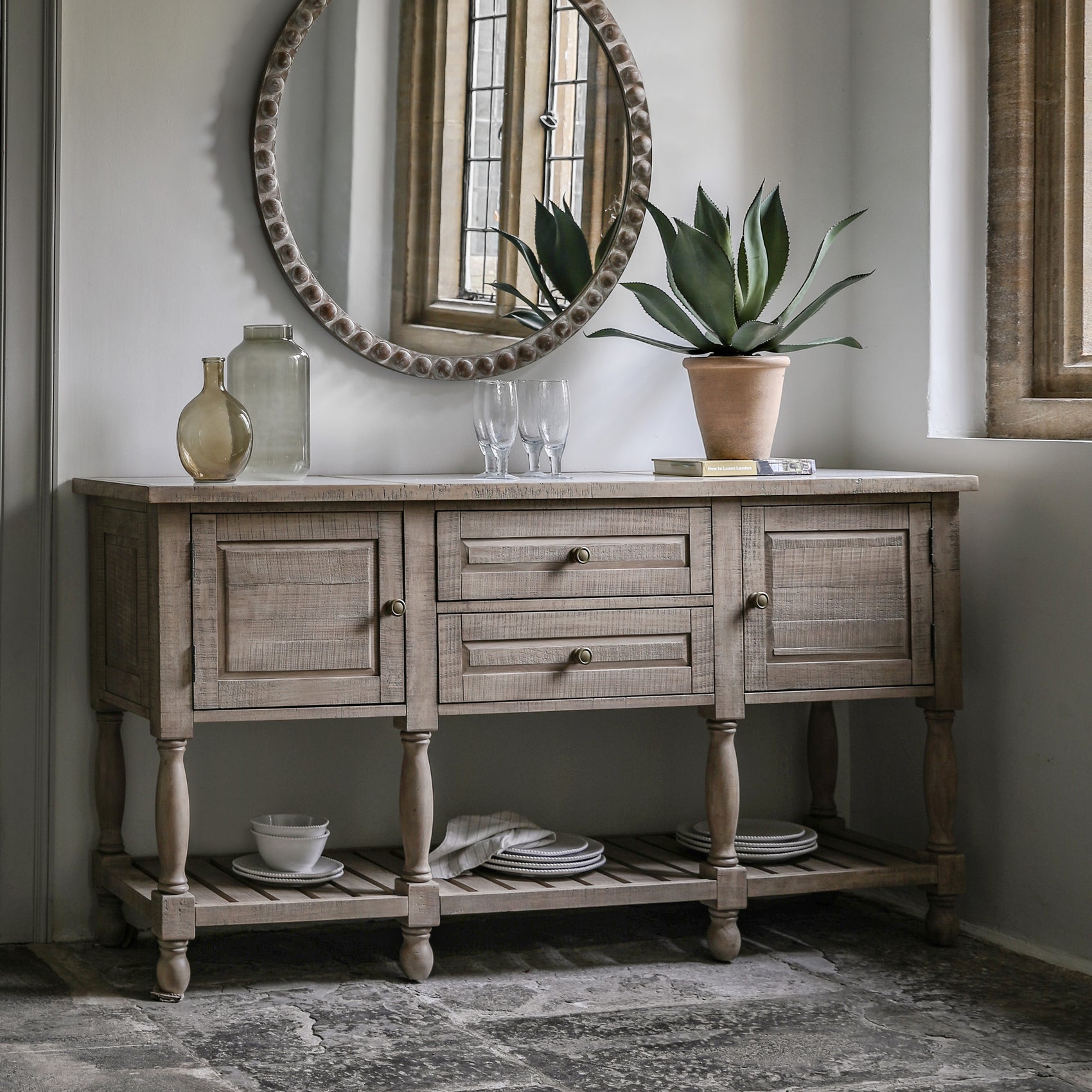 Bowen Natural Pine Wood & White Marble Sideboard