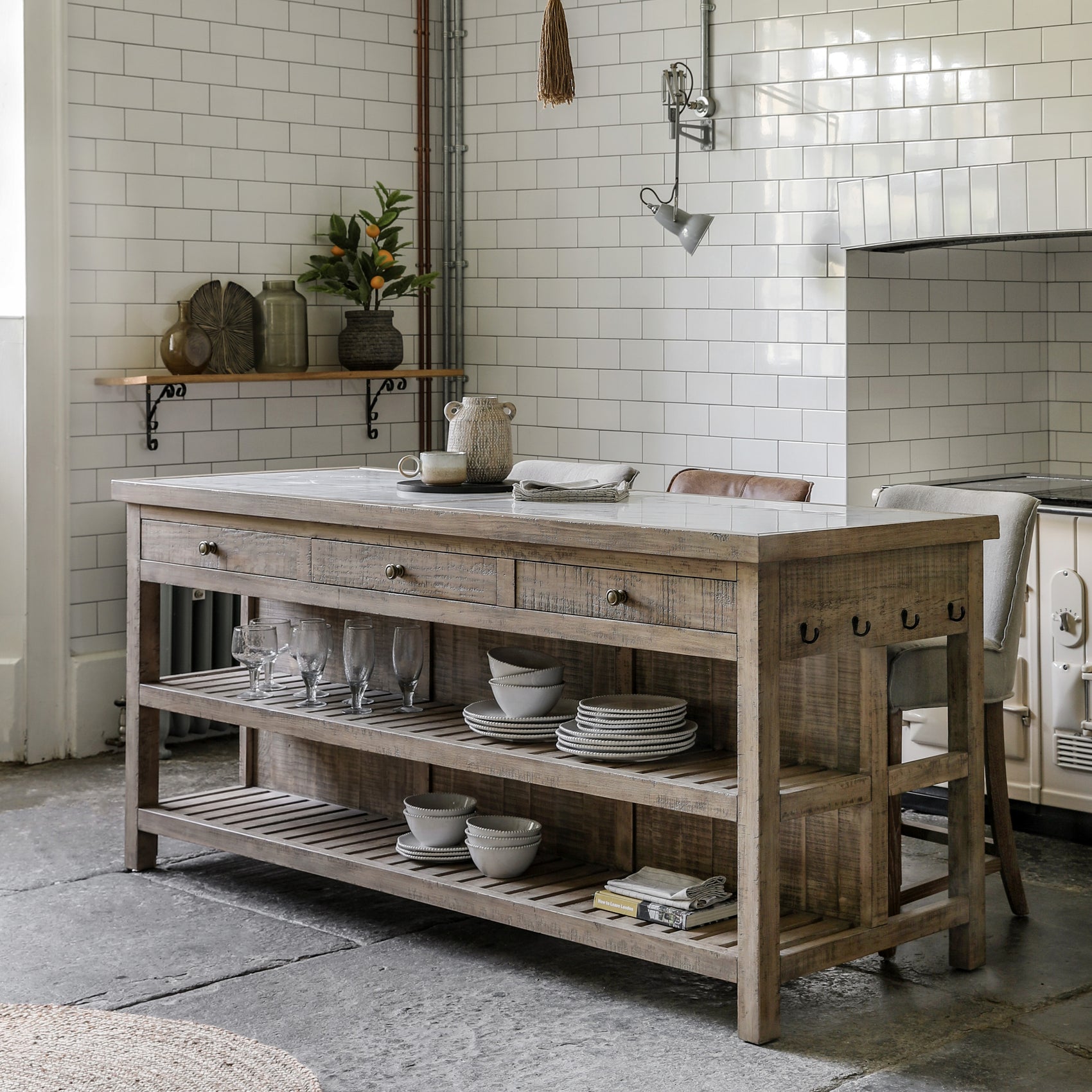 Bowen Natural Pine Wood & White Marble Kitchen Island