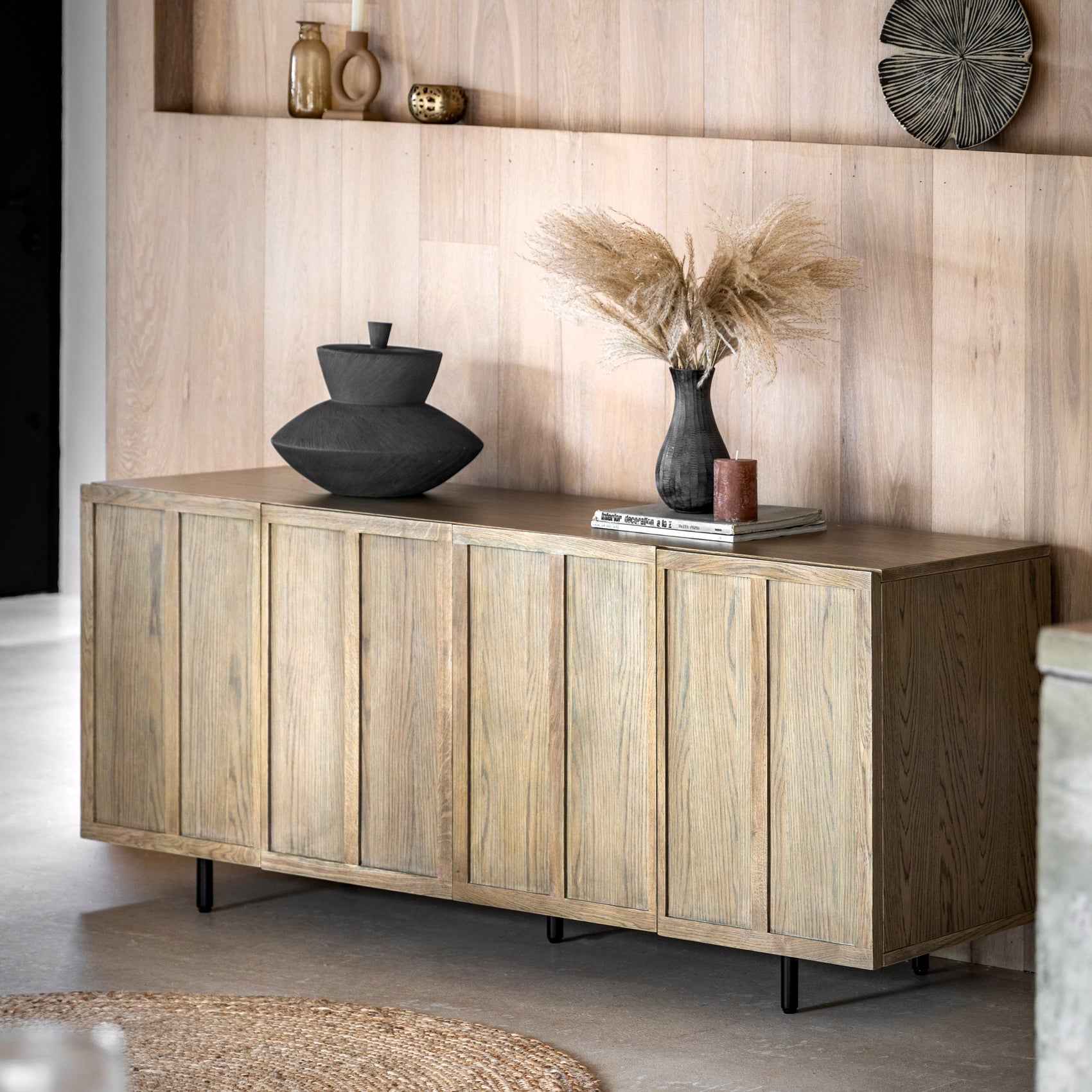 Fore Panelled Natural Oak Wood Sideboard