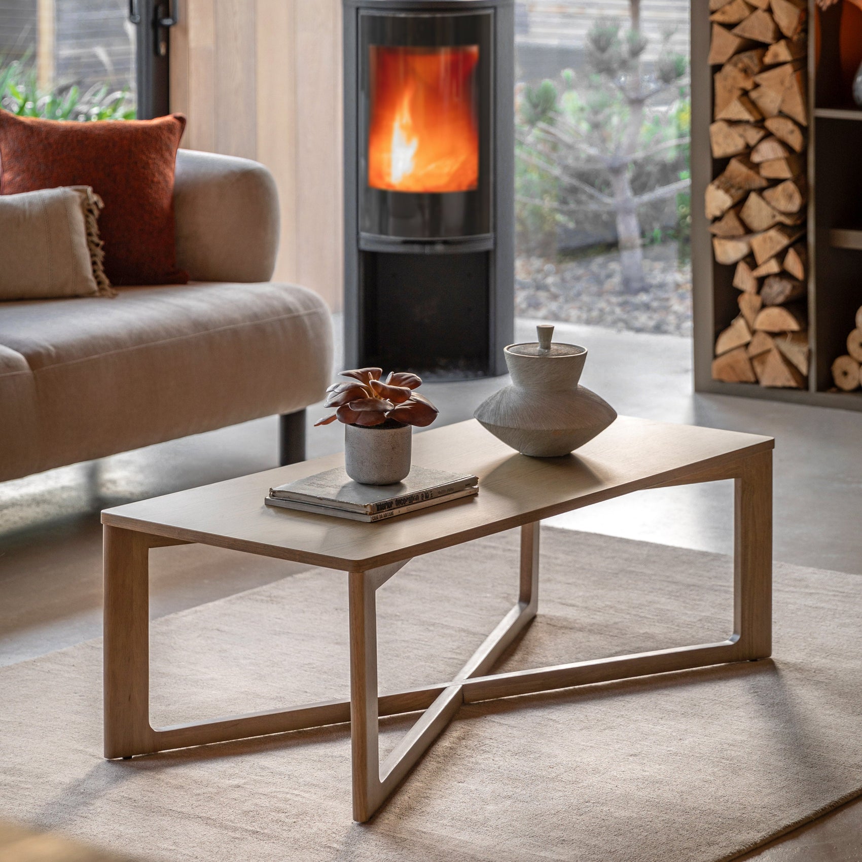 Fore Panelled Natural Oak Wood Rectangle Coffee Table