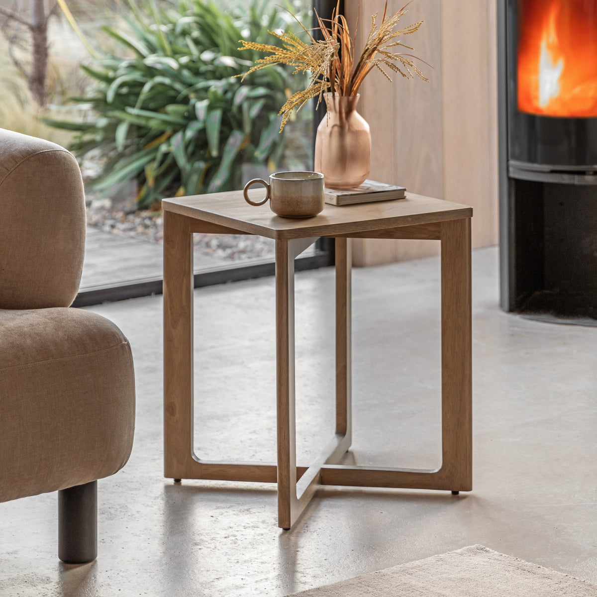 Fore Panelled Natural Wood Square Side Table