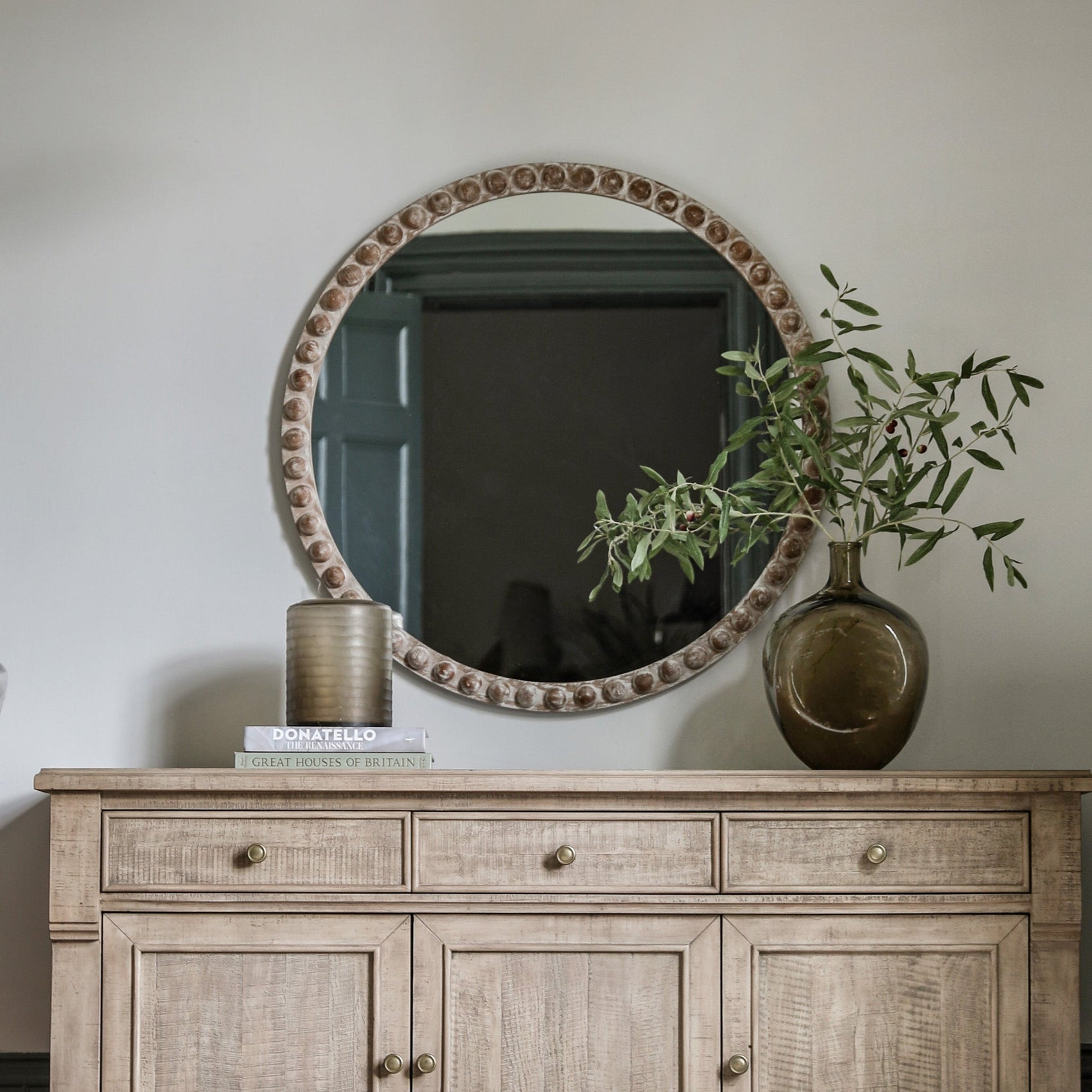 Malcom Whitewash Wood Round Wall Mirror | Large