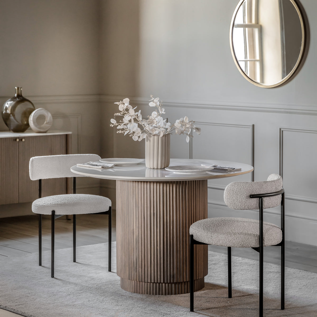 Francesco Grey Mango Wood & White Marble Round Drum Dining Table