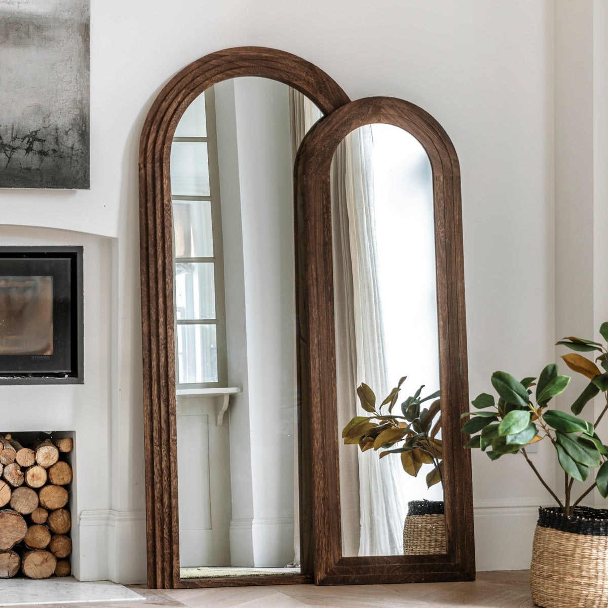 Loretta Arched Dark Brown Wood Full Length Leaner Mirror | Small