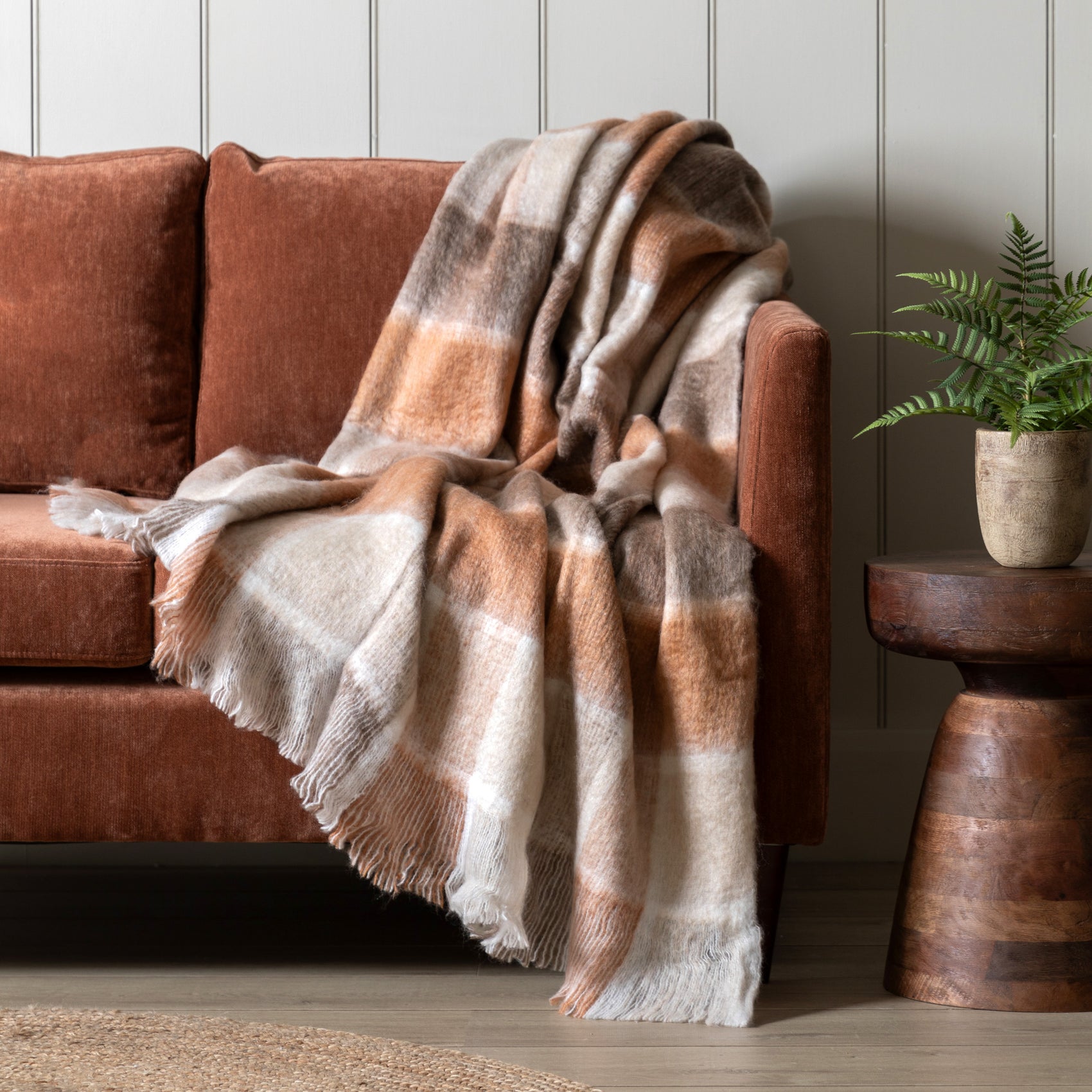 Aldercourt Check Woven Mohair Cream & Rust Throw