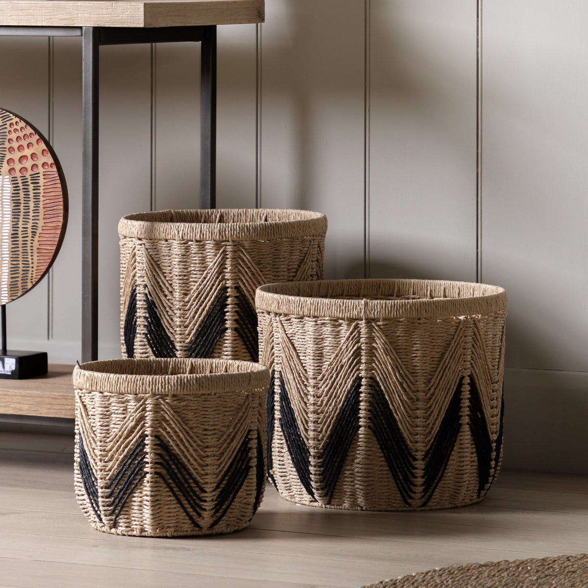 Set of 3 Oria Natural & Black Rope Weave Baskets