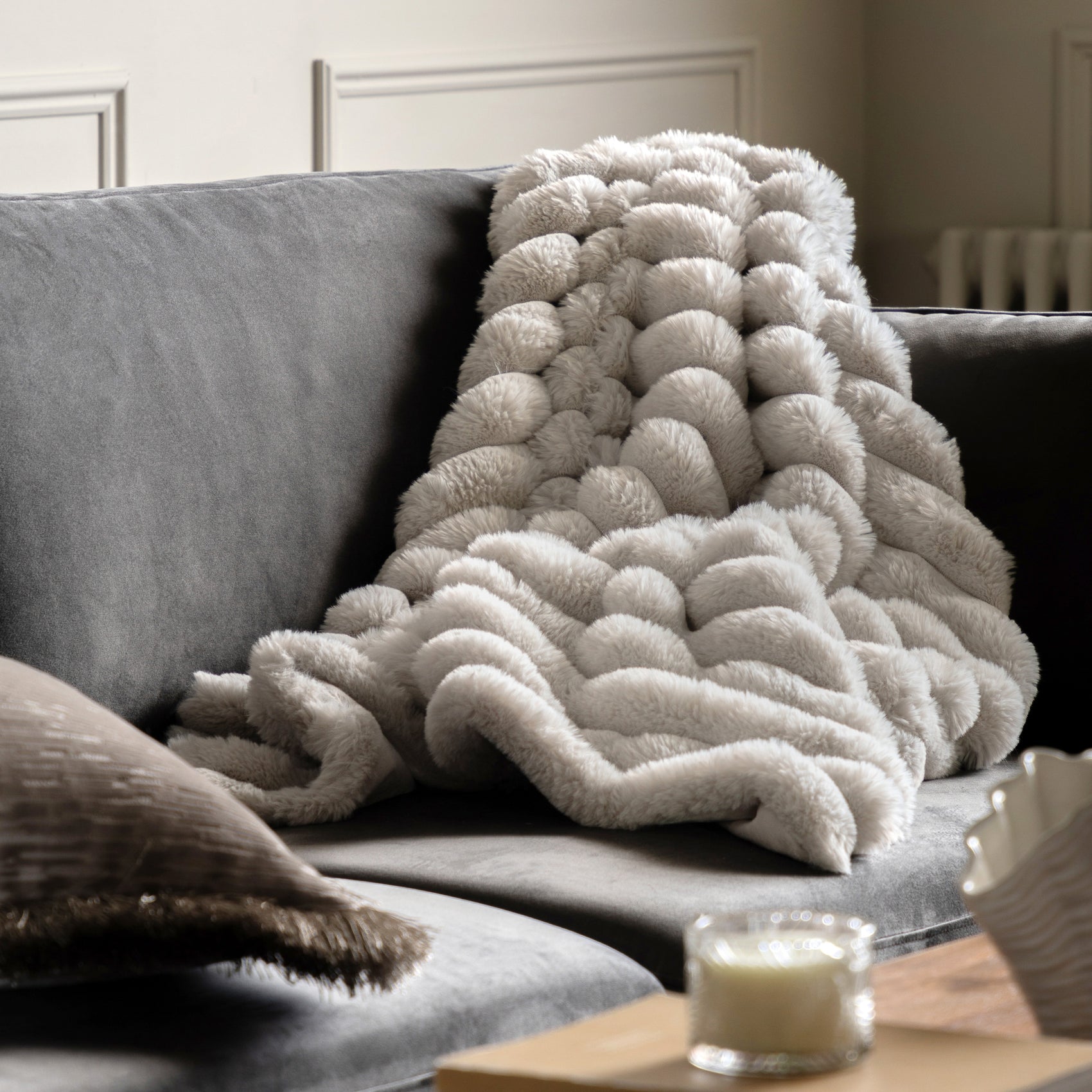 Rivelle Ribbed Faux Fur Natural Cream Throw