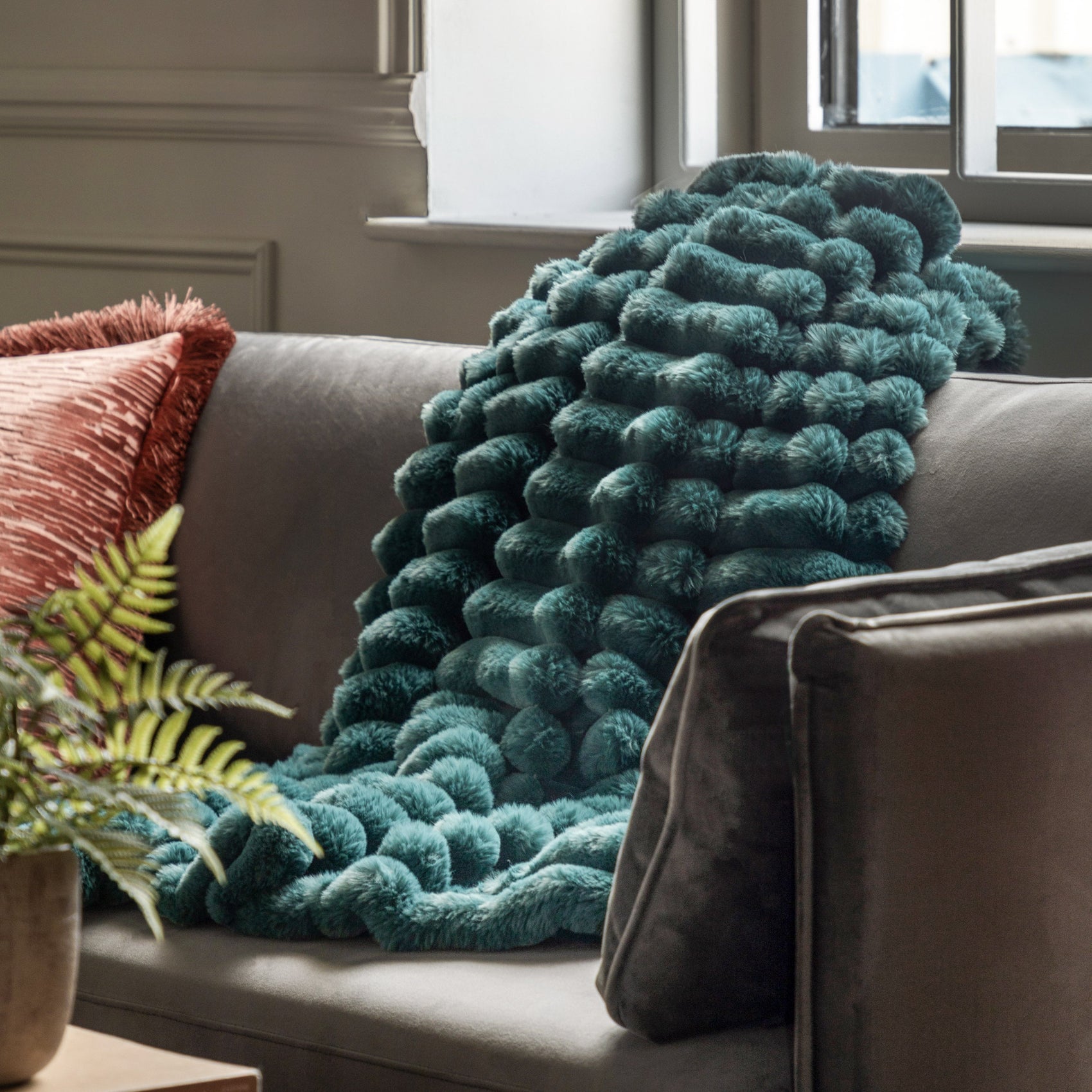 Rivelle Ribbed Faux Fur Teal Blue Throw