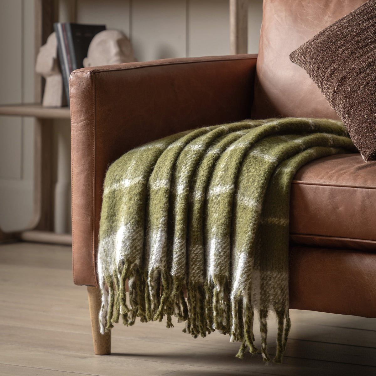 Birchdowns Olive Green Mohair Check Throw