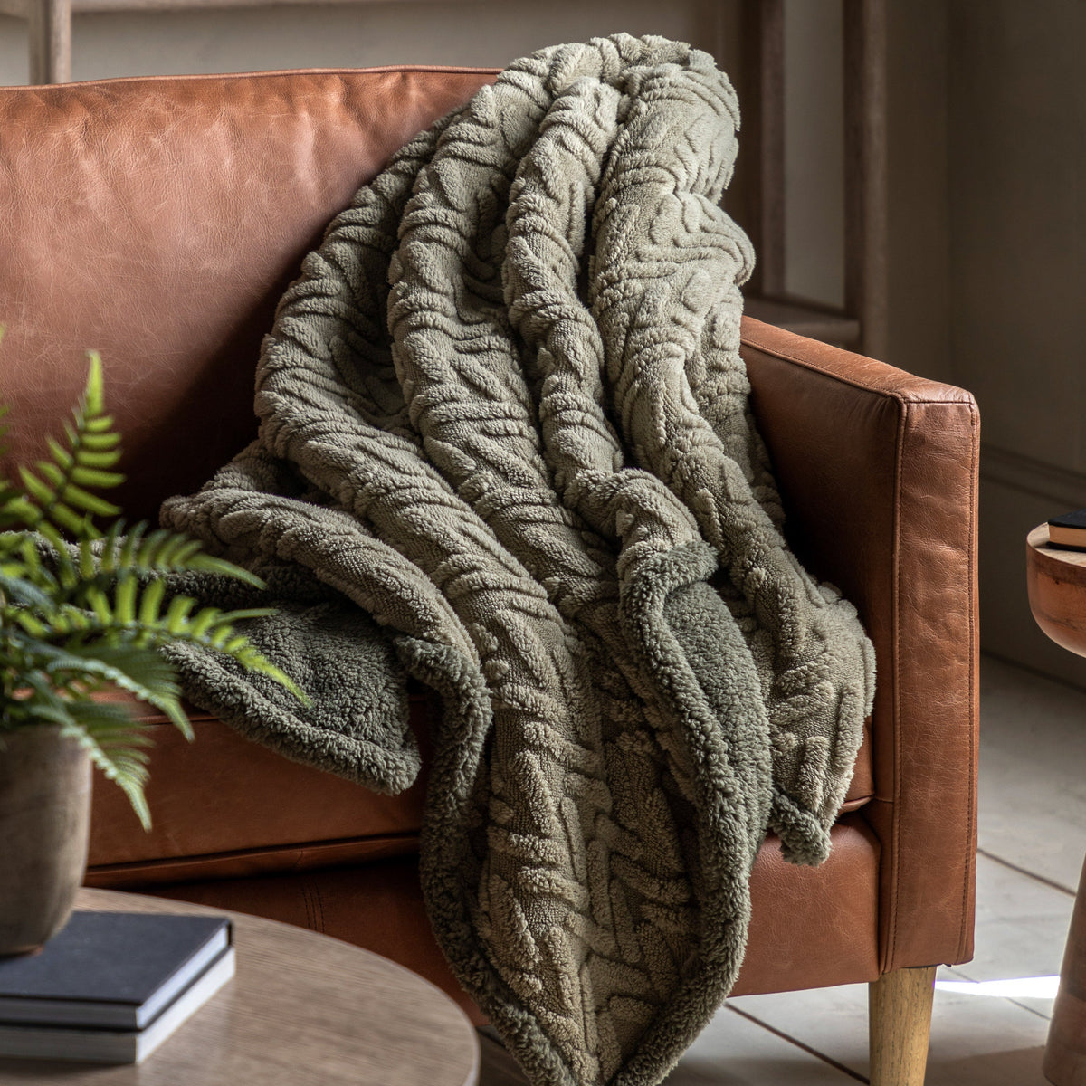 Alderview Herringbone Sherpa Sage Green Throw