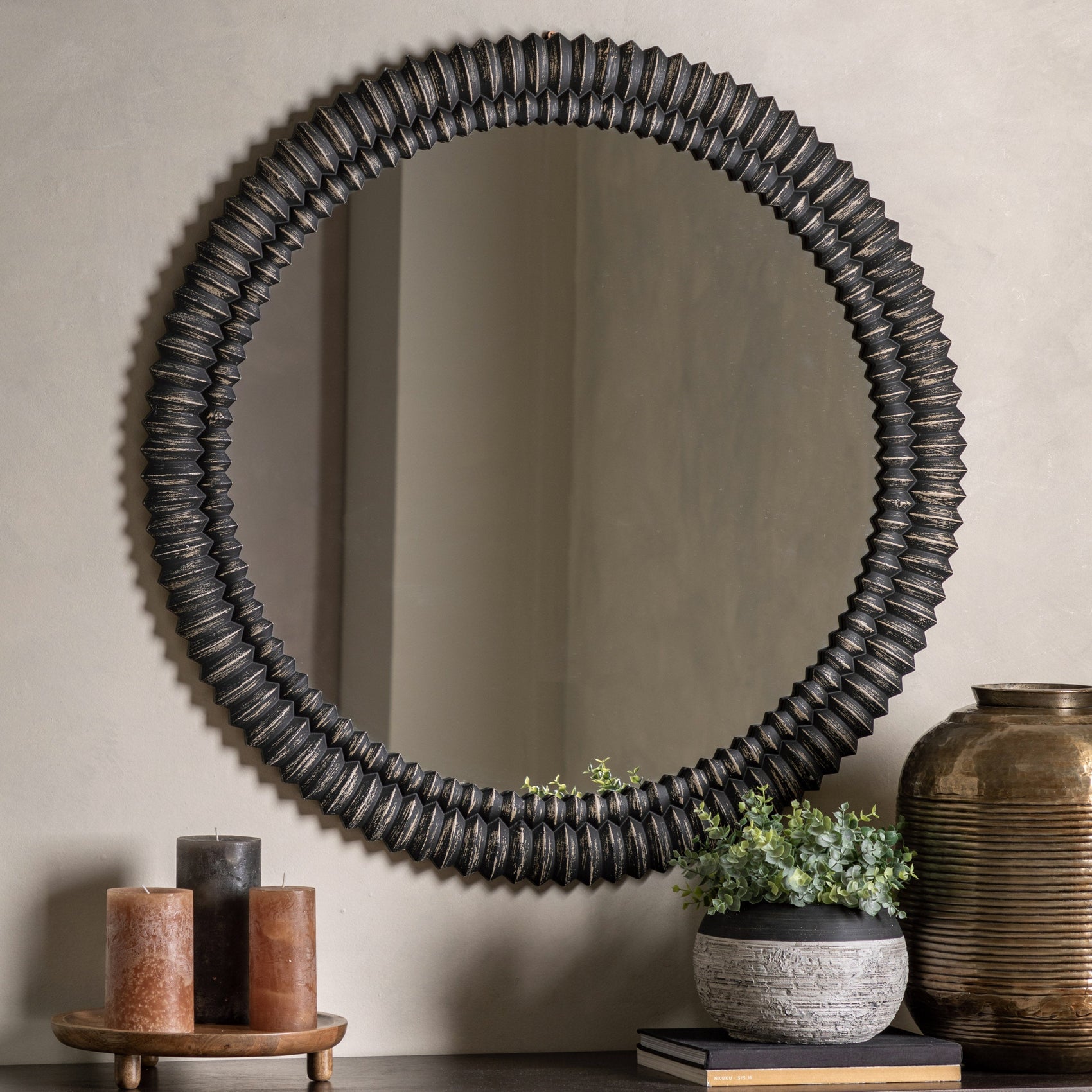 Chambery Arch Black Wash Round Wall Mirror