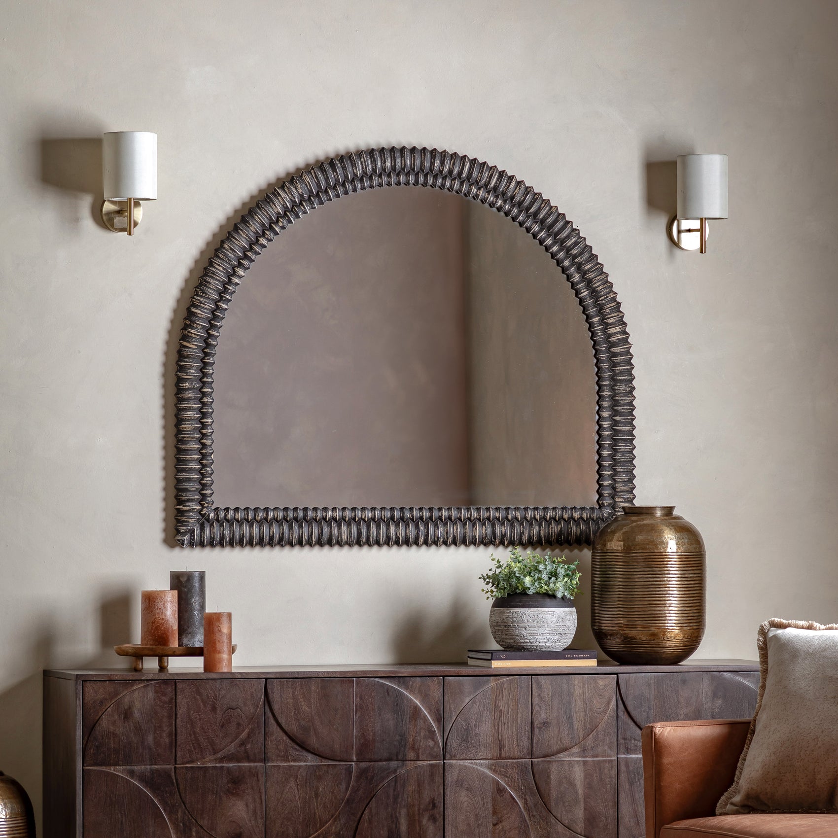 Chambery Arch Black Wash Overmantle Wall Mirror