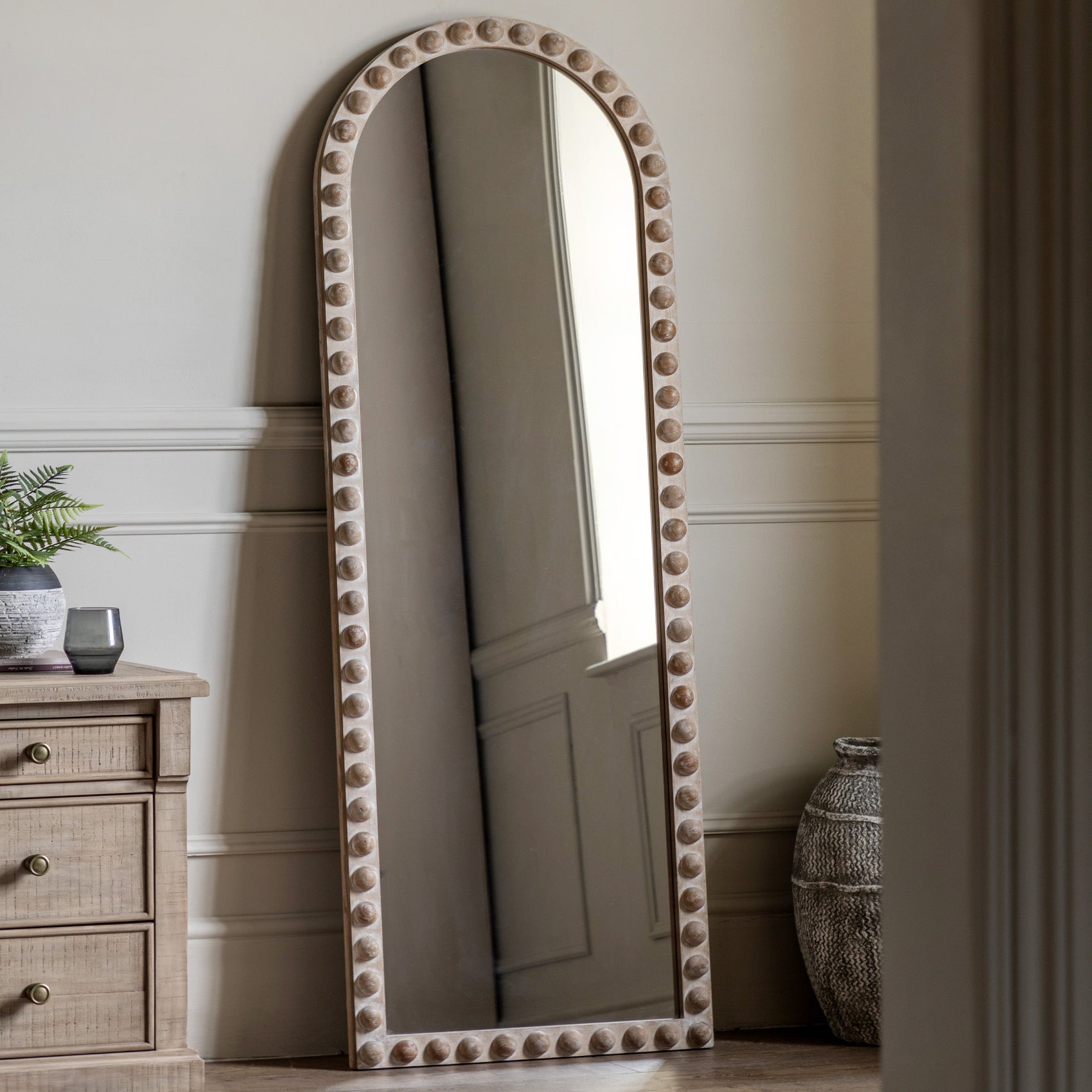 Malcom Arched Wooden Bobble Full Length Leaner Mirror