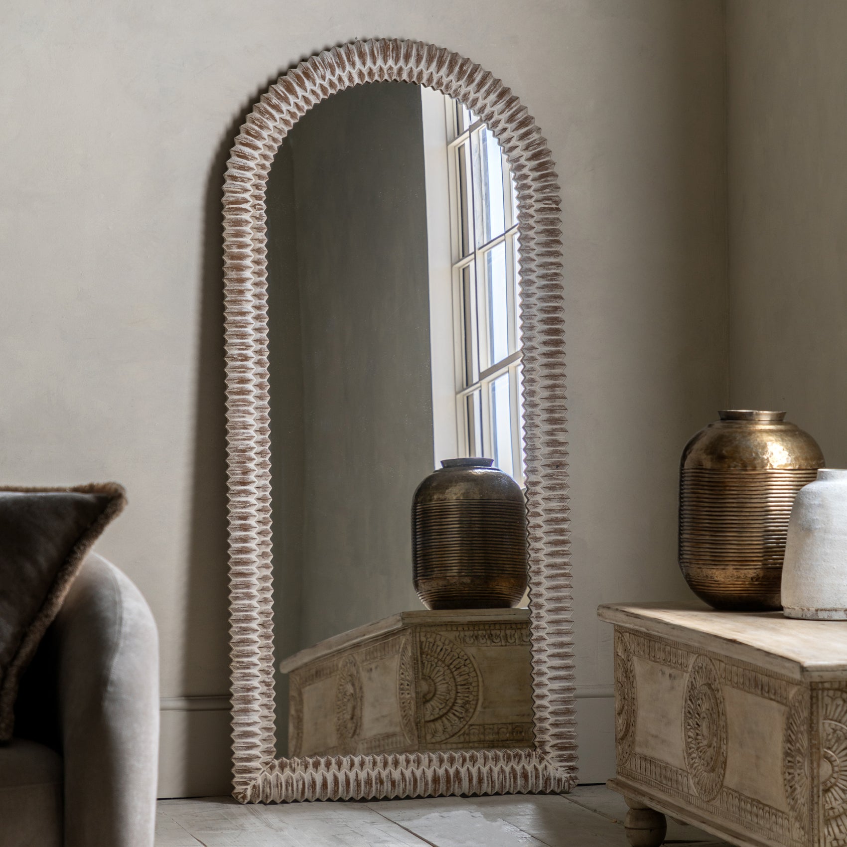 Chambery Arch White Wash Full Length Leaner Mirror