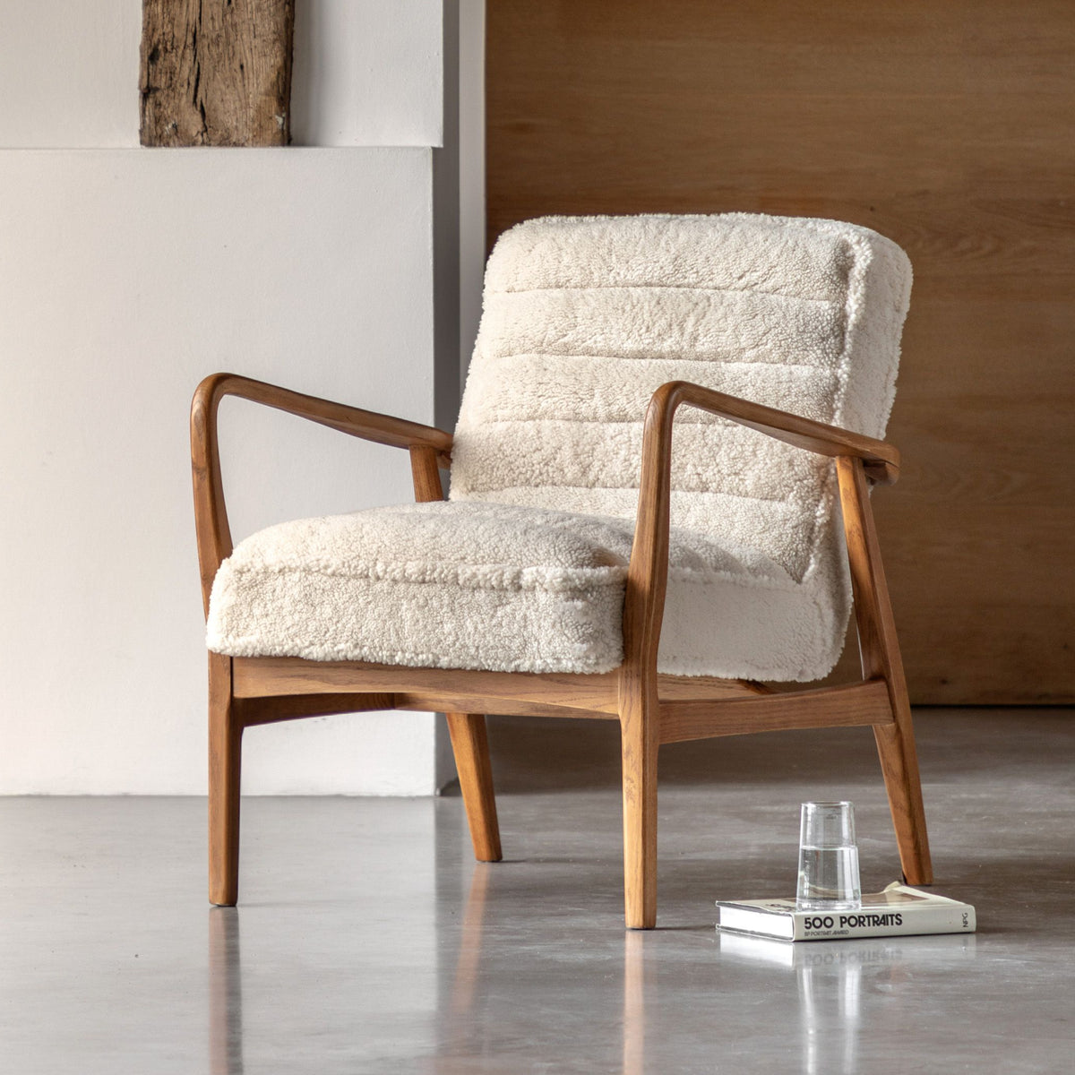 Langham Cream Sheepskin & Oak Wood Armchair