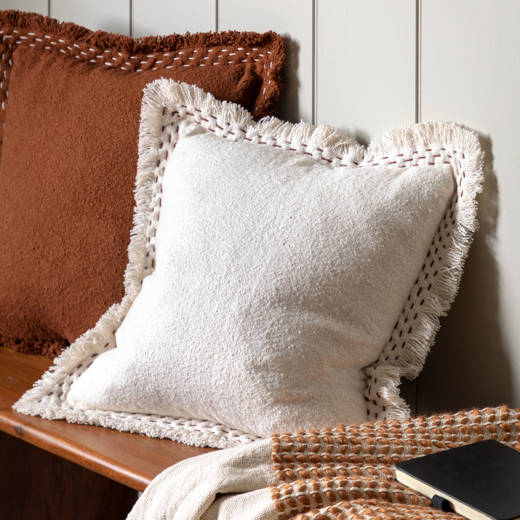 Goya Ivory Cream Stitched Fringe Square Cushion