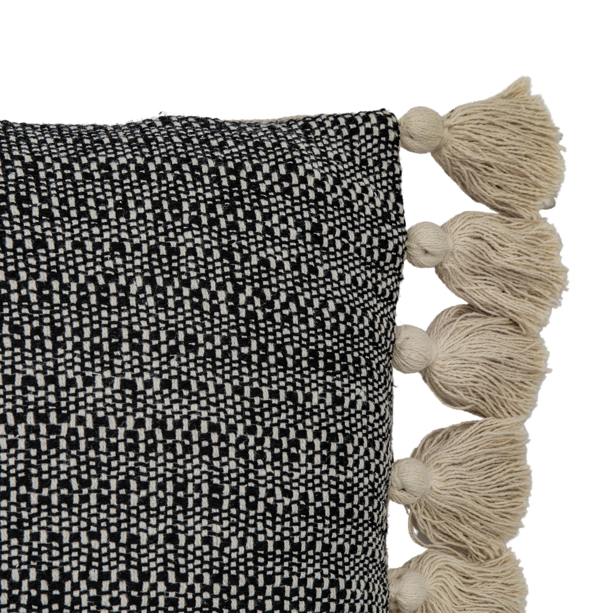Woven Black Cushion Cushion with Cream Tassels