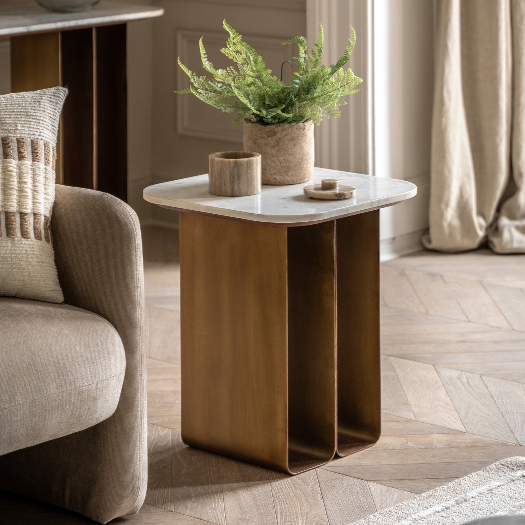 Muniz Minimal White Marble & Bronze Side Table