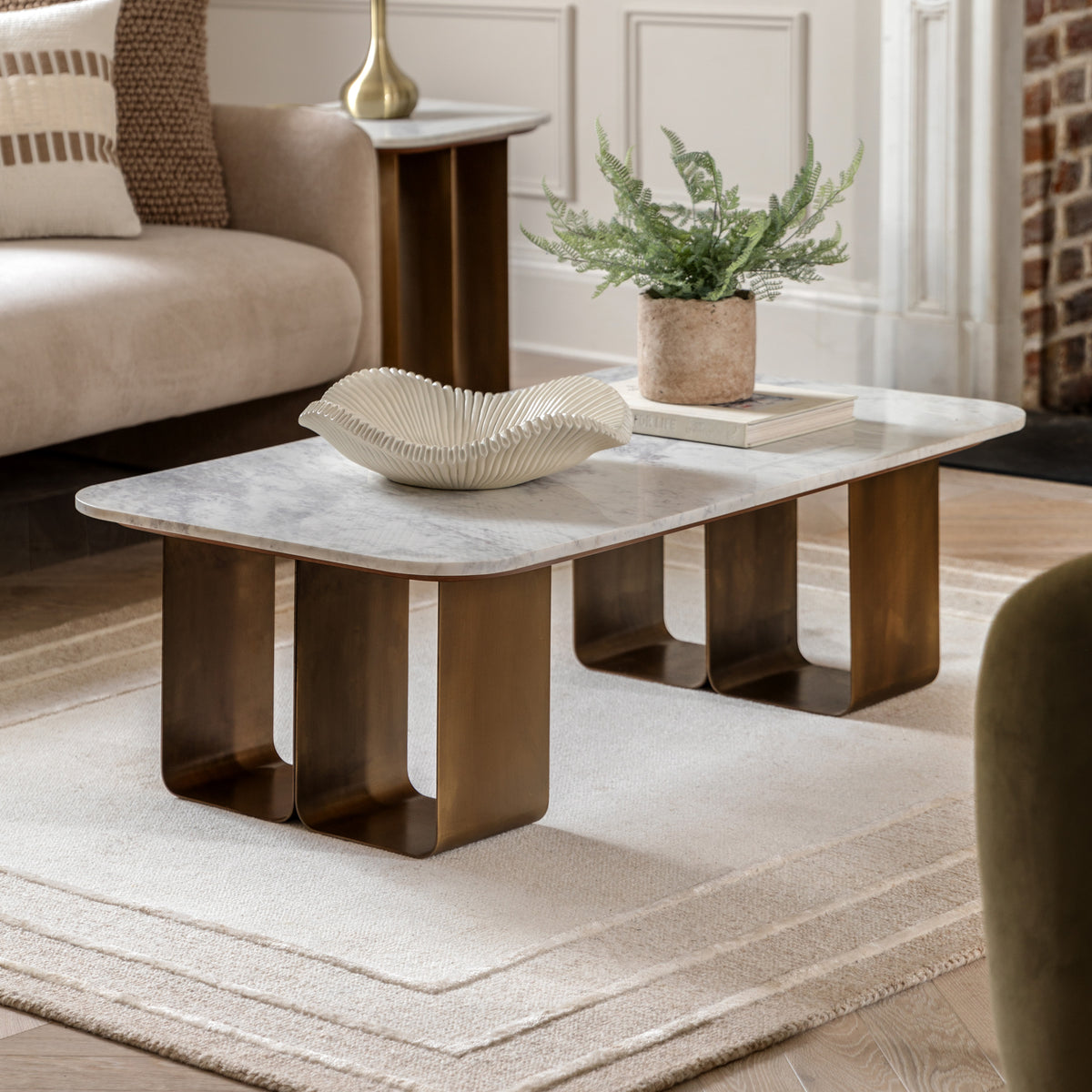 Muniz Minimal White Marble & Bronze Coffee Table