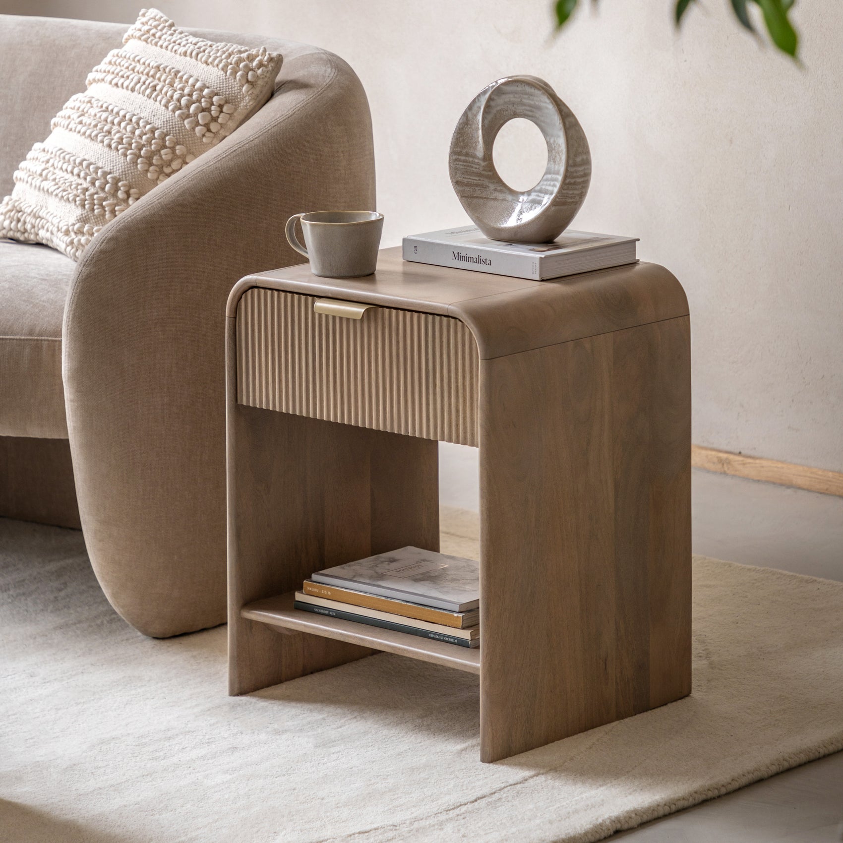 Antrury Natural Mango Wood Curved Bedside Table Wide