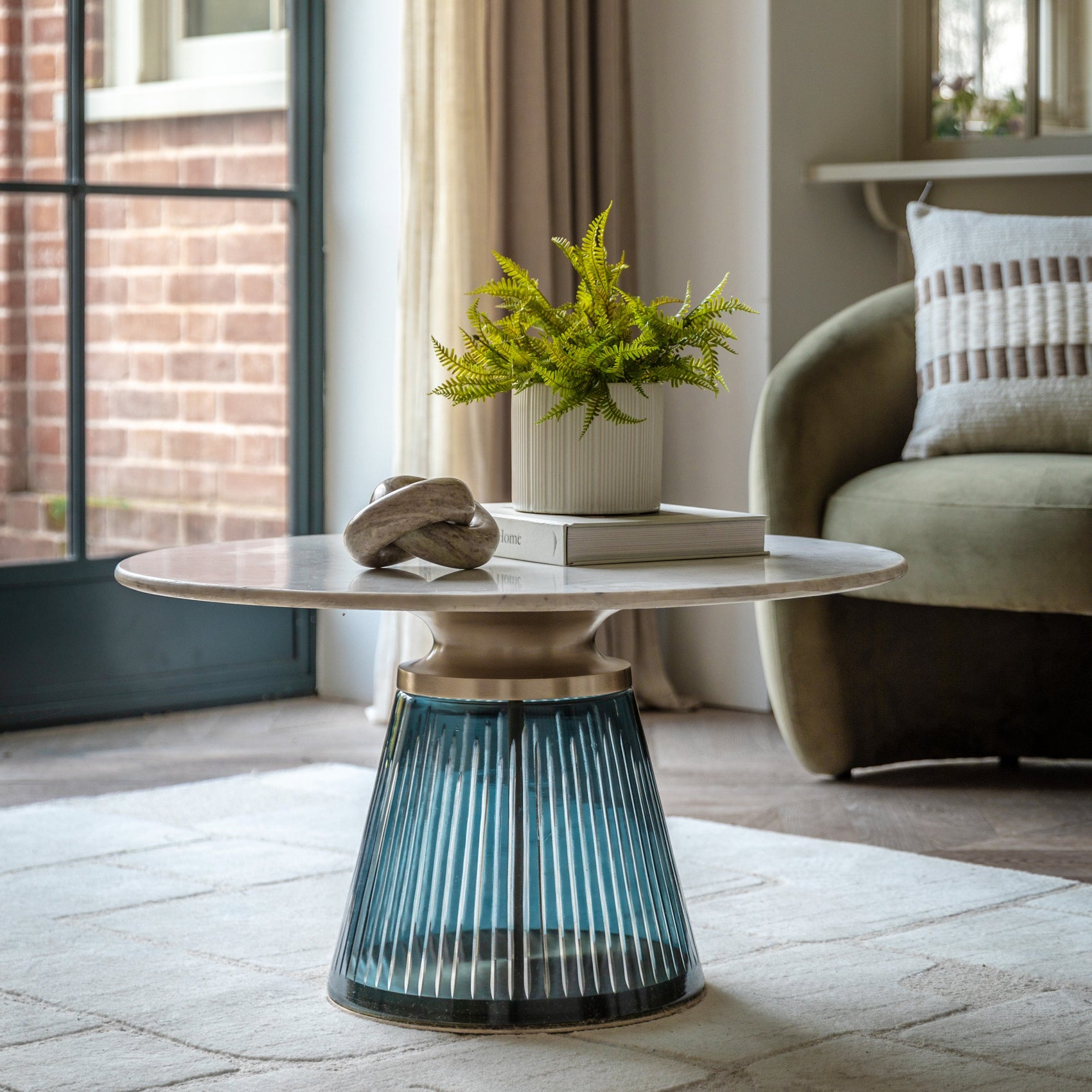 Pierre White Marble & Blue Glass Round Coffee Table