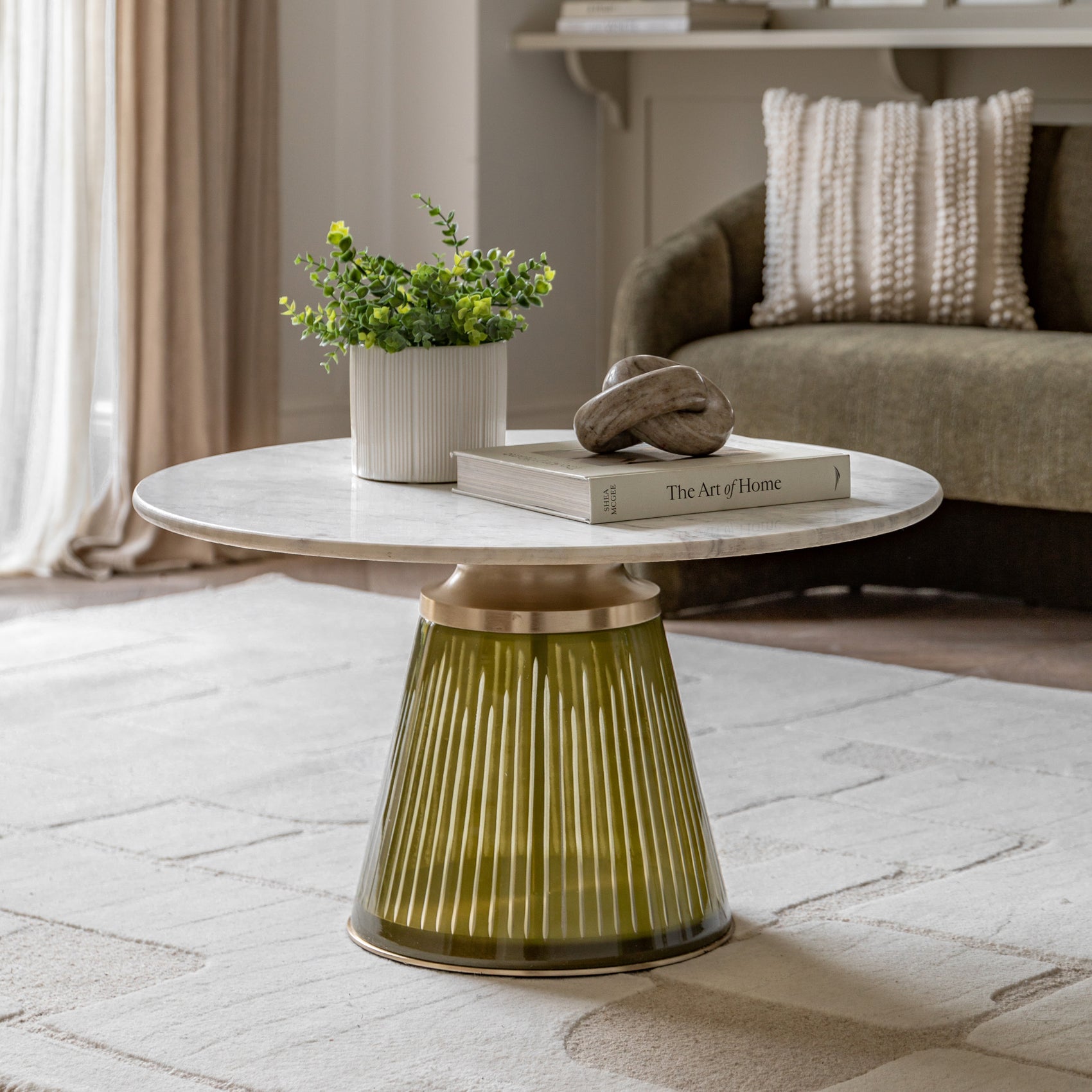 Pierre White Marble & Dusk Green Glass Round Coffee Table