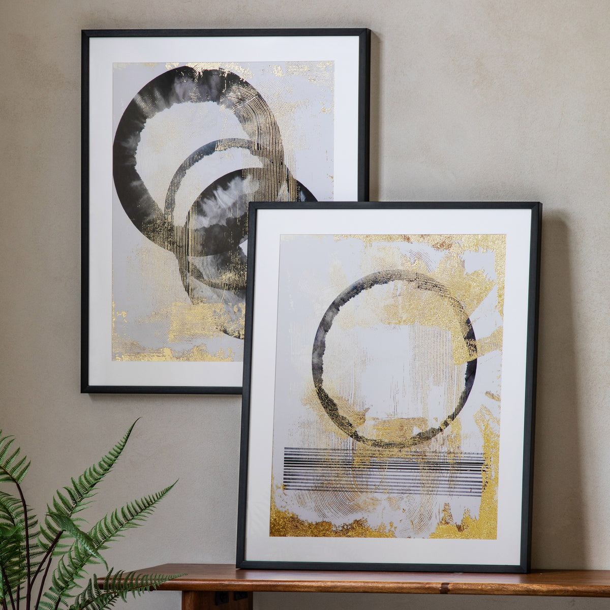 Set of 2 Hazellane Abstract Circles Black & Gold Framed Wall Art