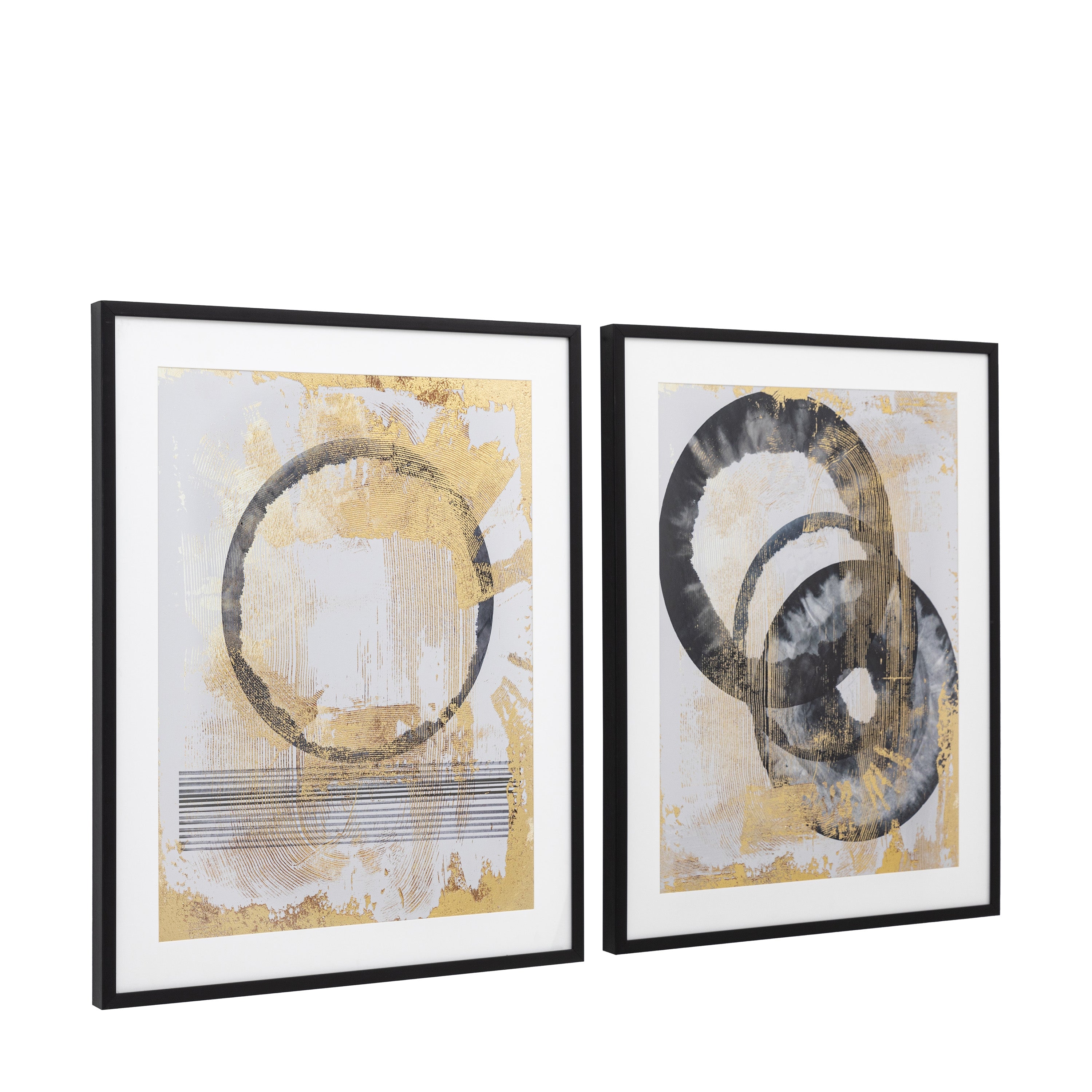 Set of 2 Chord Abstract Circles Black & Gold Framed Wall Art
