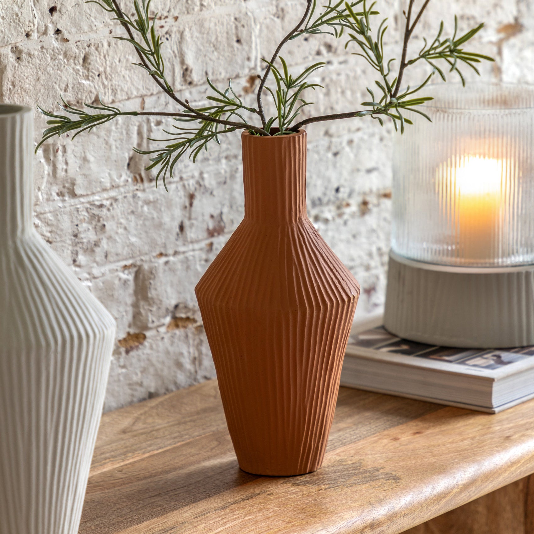 Zahara Ribbed Cast Metal Vase Terracotta H305mm