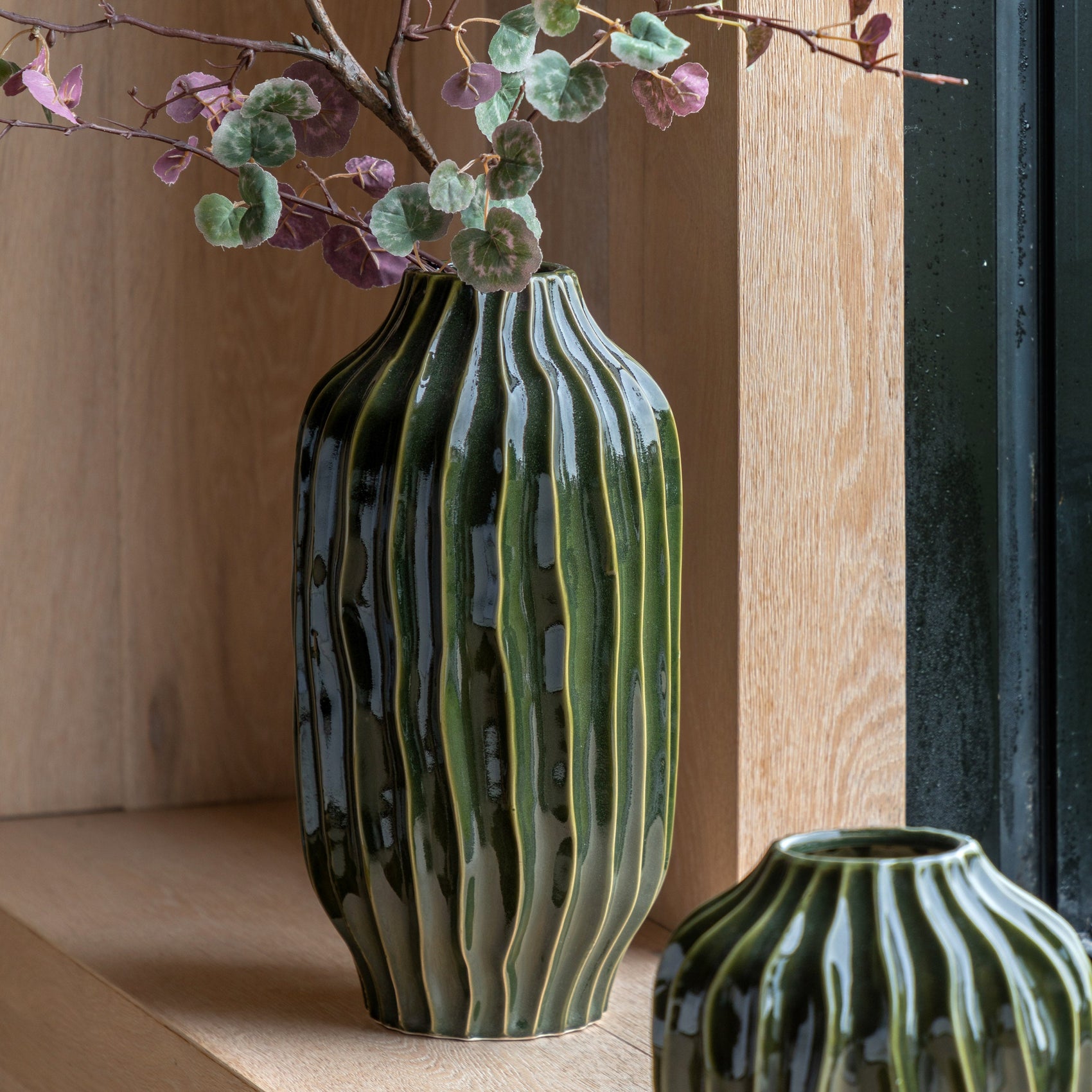 Osire Glazed Olive Green Ribbed Vase | Large