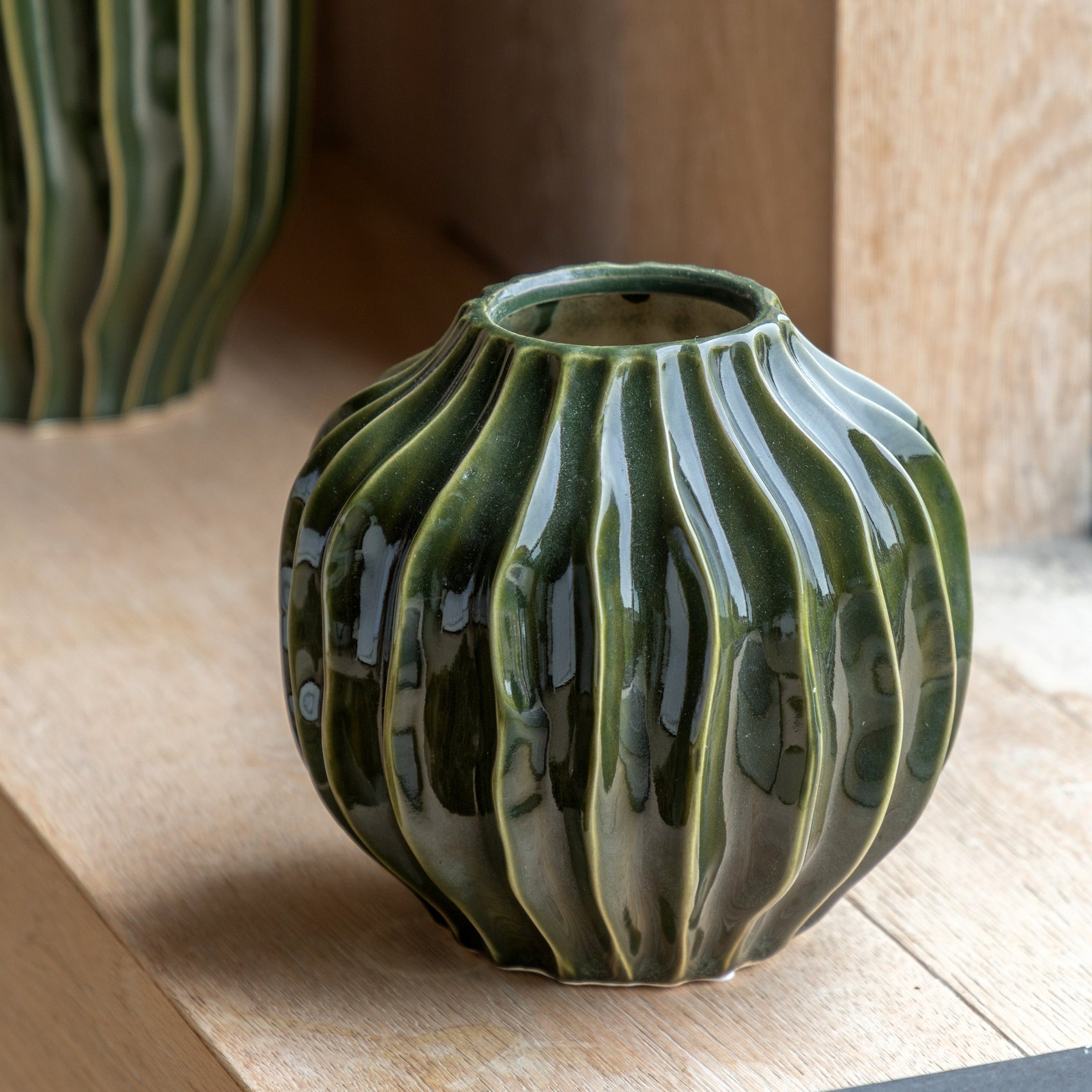 Osire Glazed Olive Green Ribbed Vase | Small