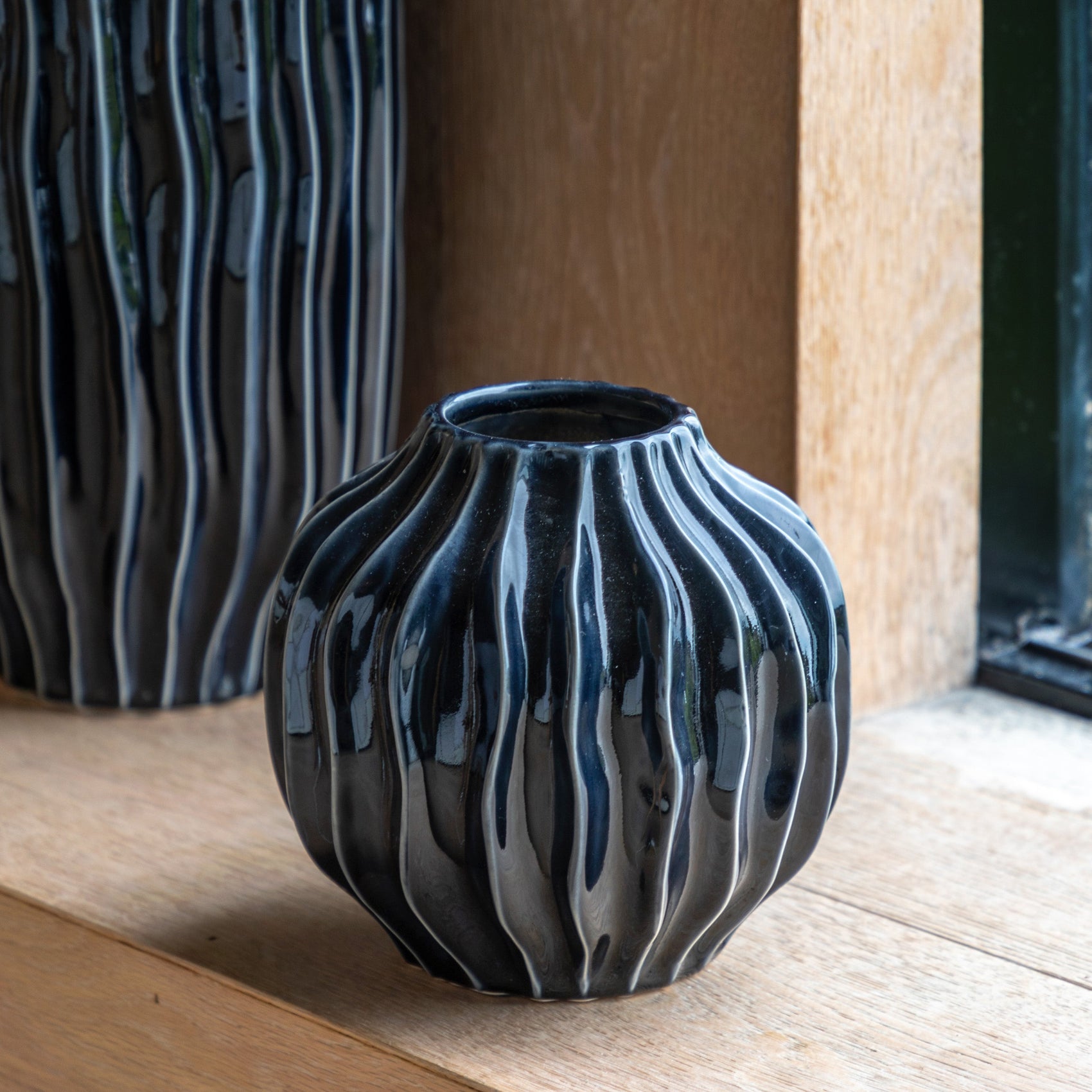 Osire Glazed Midnight Ribbed Vase | Small