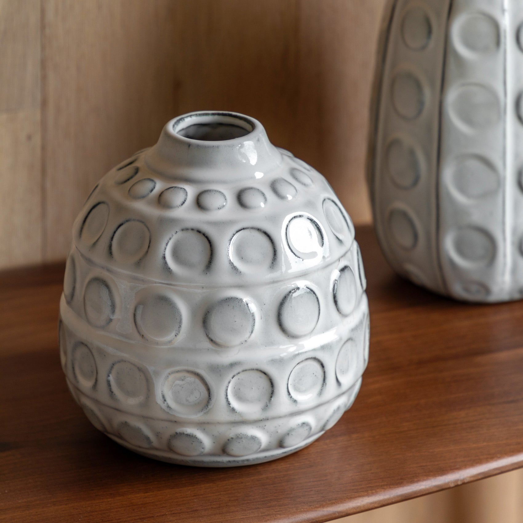 Ushi Handcrafted White Glaze Dotted Ceramic Vase Wide