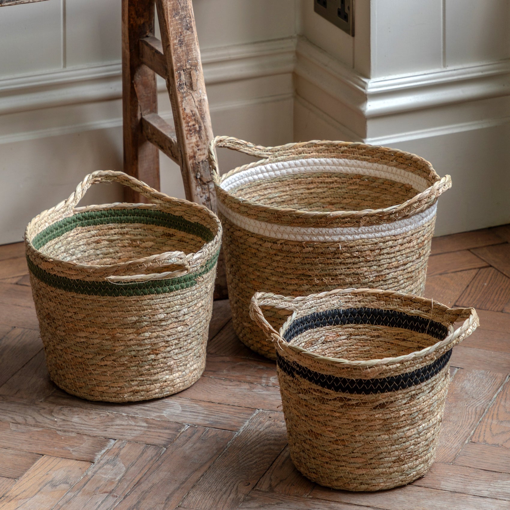 Set of 3 Faircoast Basket Black White Olive Stripe Nest
