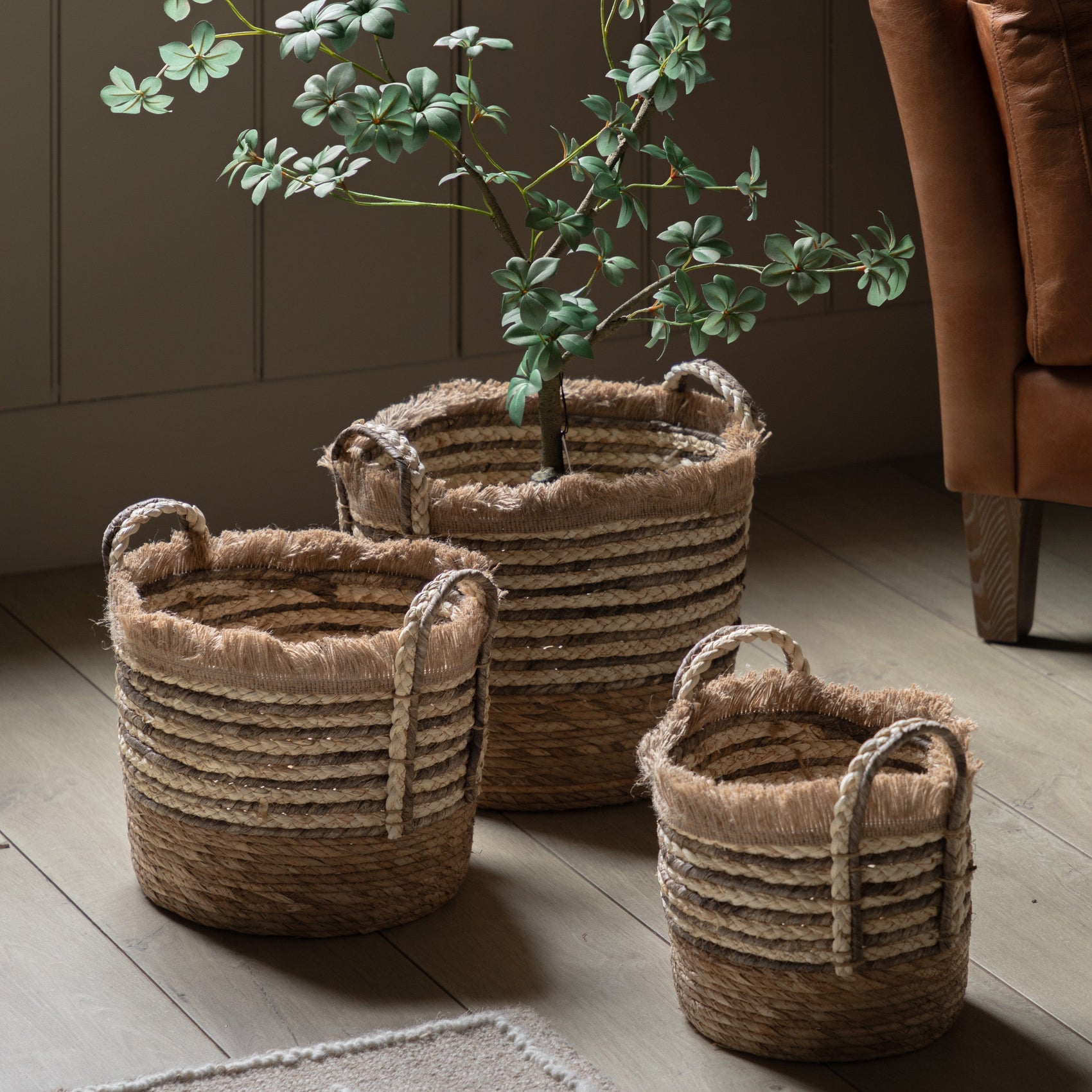 Set of 3 Birchridge Woven Baskets Brown Stripe