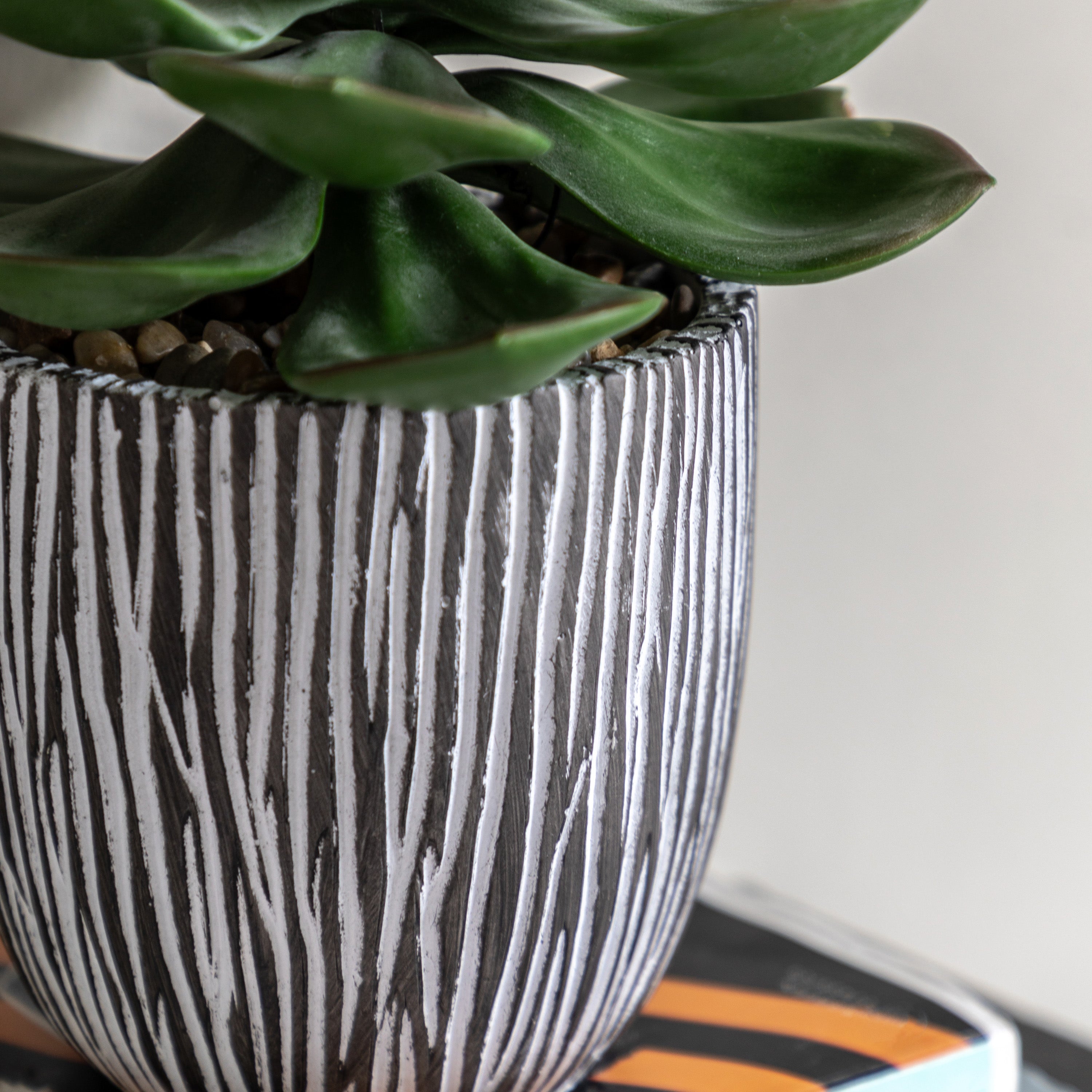 Potted Artificial Succulent in Ribbed Black Ceramic Pot
