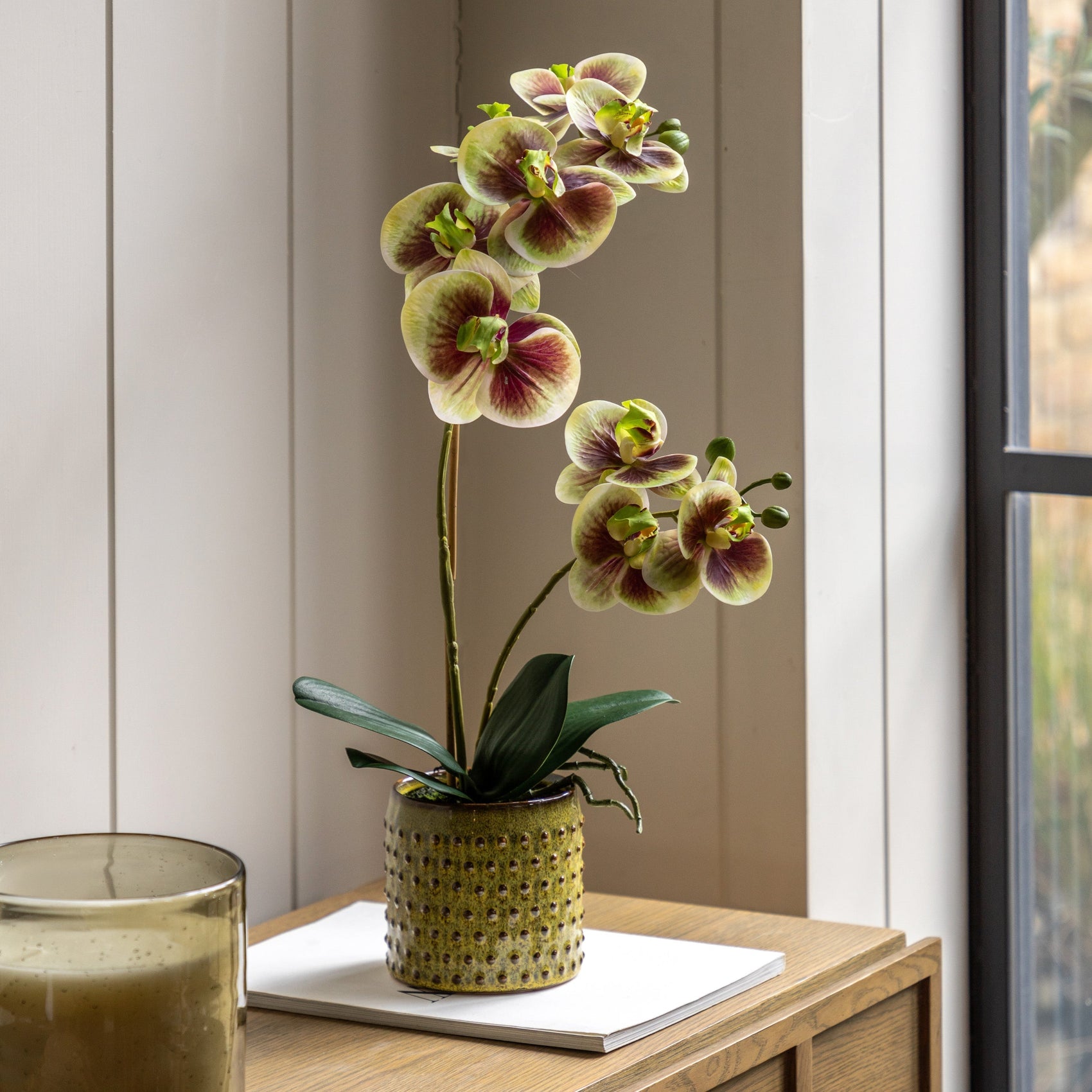 Artificial Orchid Multicolour in Moss Ceramic Dot Pot