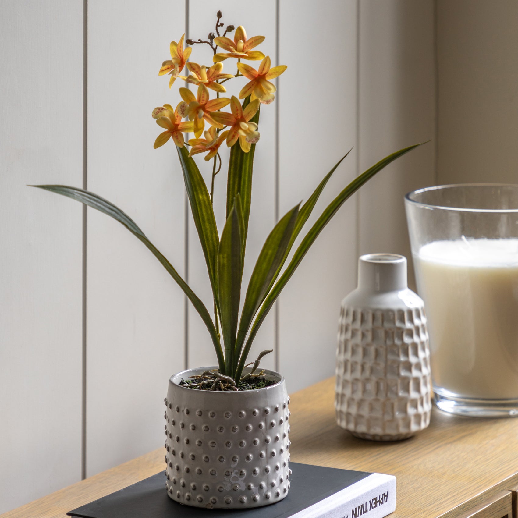 Artificial Orchid Orange in White Ceramic Dot Pot