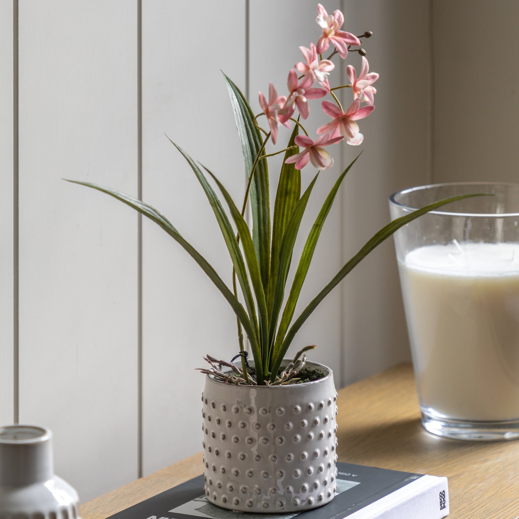 Artificial Orchid Pink in White Ceramic Dot Pot