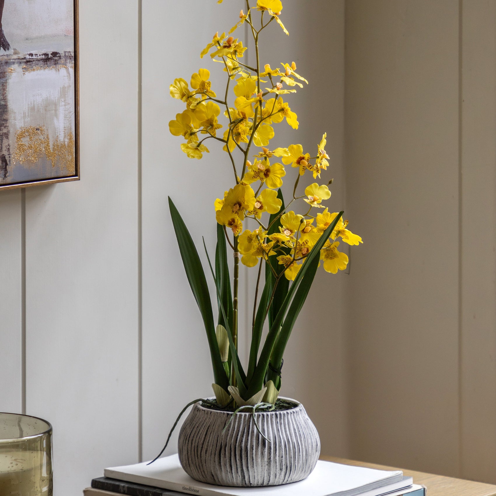 Artificial Orchid Yellow in Low Ceramic Pot | Large