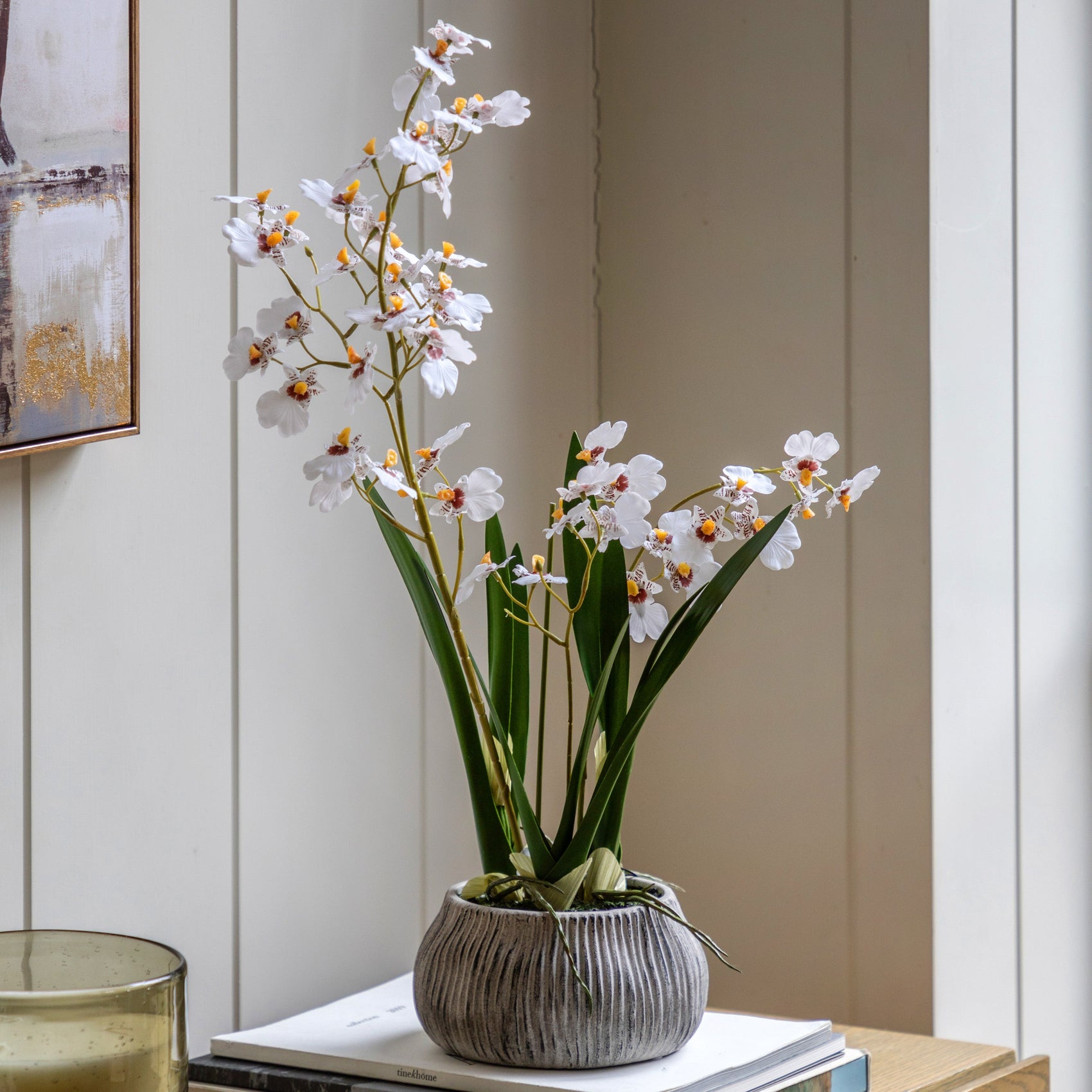 Artificial White Orchid in Low Ceramic Pot | Large
