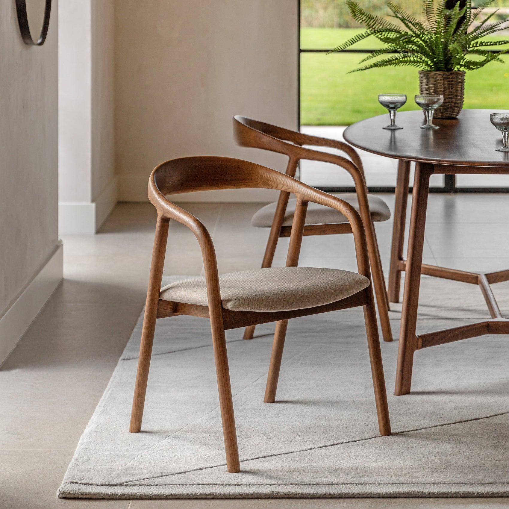 Set of 2 Royo Scandi Walnut Brown Ash Wood Upholstered Curved Dining Chair