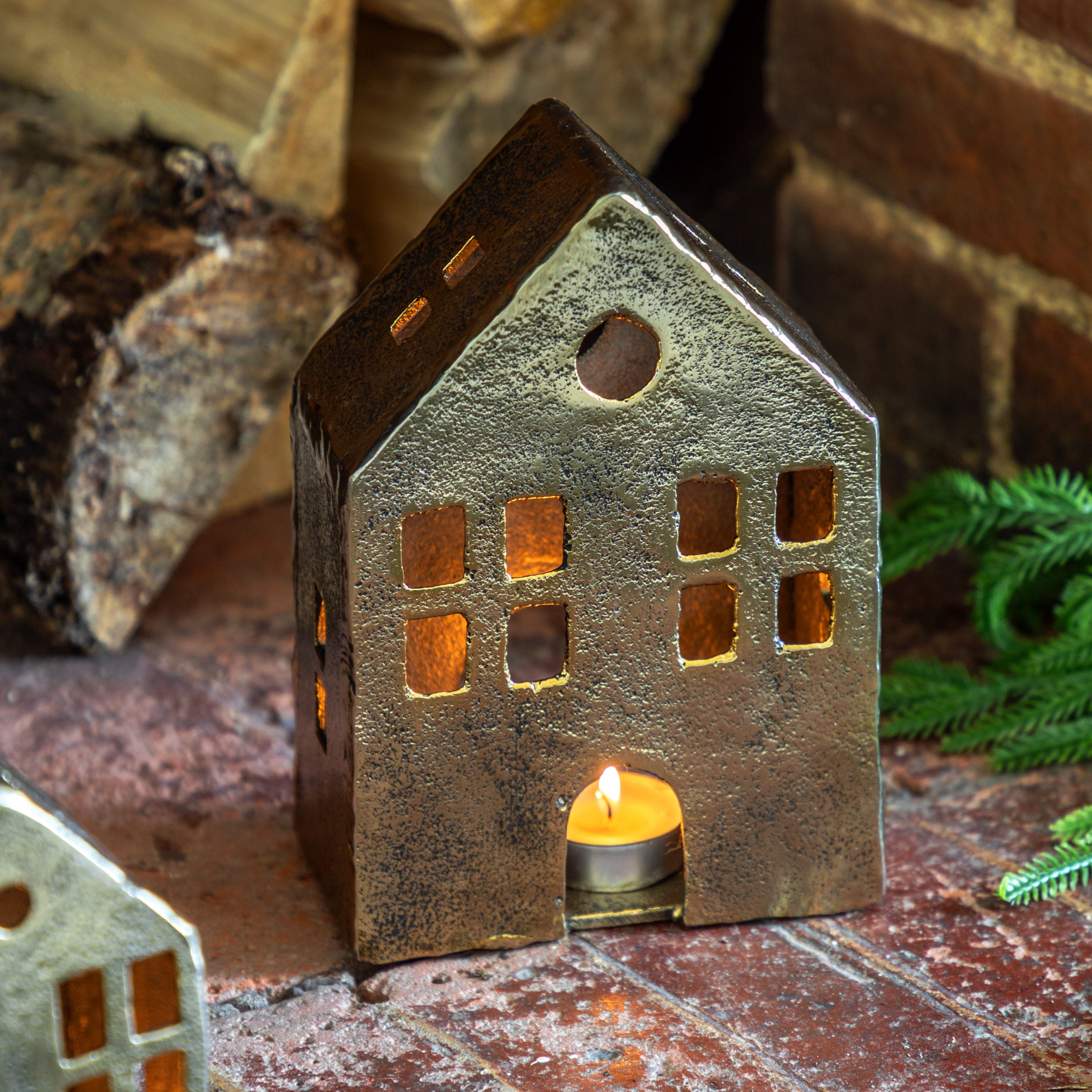House Tealight Holder Antique Gold Large