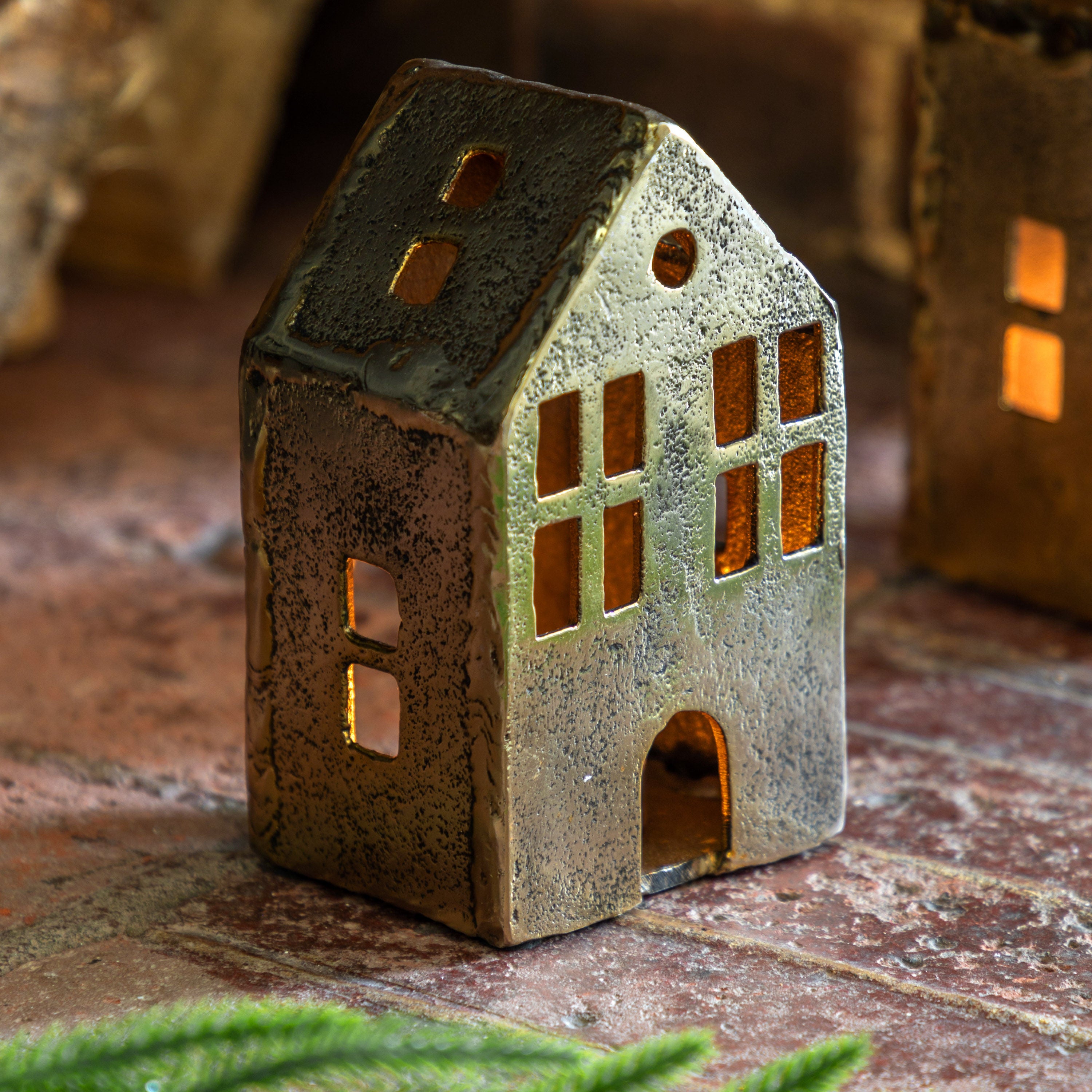 House Tealight Holder Antique Gold Small
