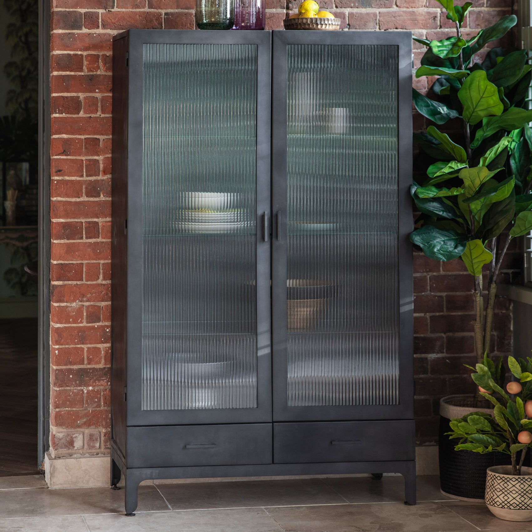 Kyra Grey Iron & Ridged Glass Double Cabinet