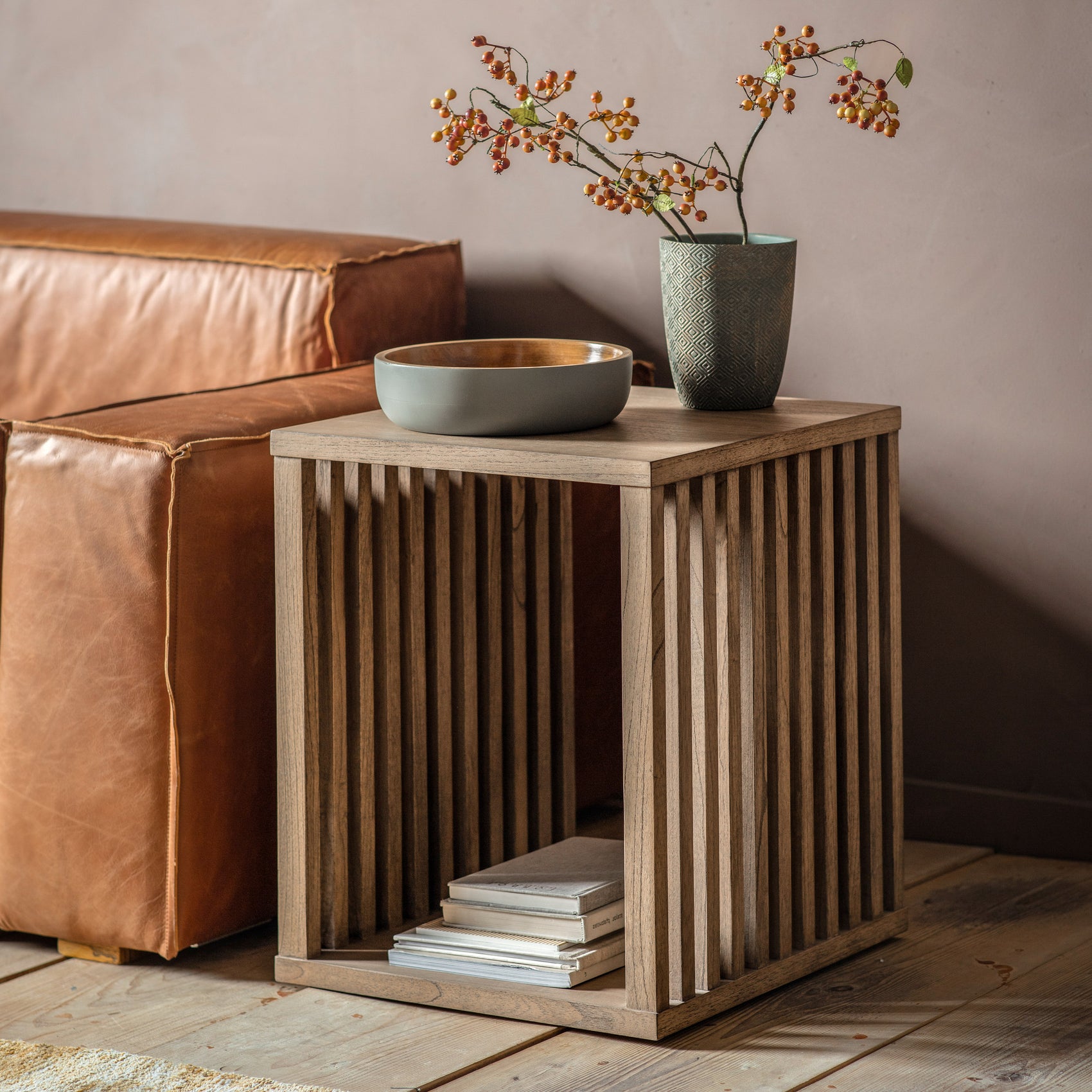 Muko Japandi Slatted Mindy Ash Wood Side Table
